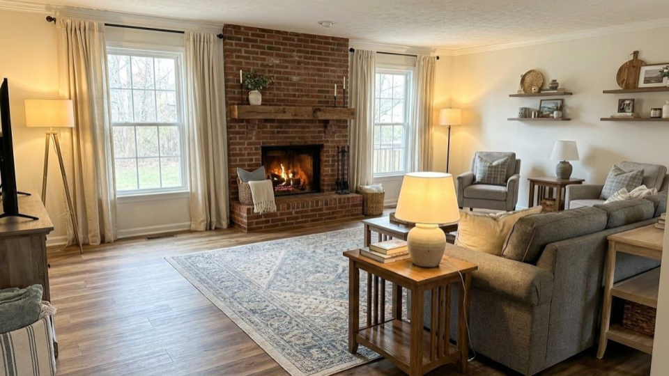 A living room featuring Luxury Vinyl Plank (LVP) flooring, illustrating the modern trend of covering traditional hardwood with waterproof plastic alternatives.