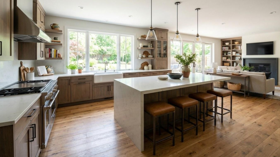 A spacious modern open-concept kitchen with a large island, demonstrating why the traditional work triangle is outdated for multi-cook households.