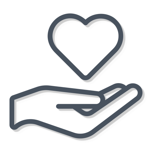 Line drawing of a hand with an open palm, and a heart above it.