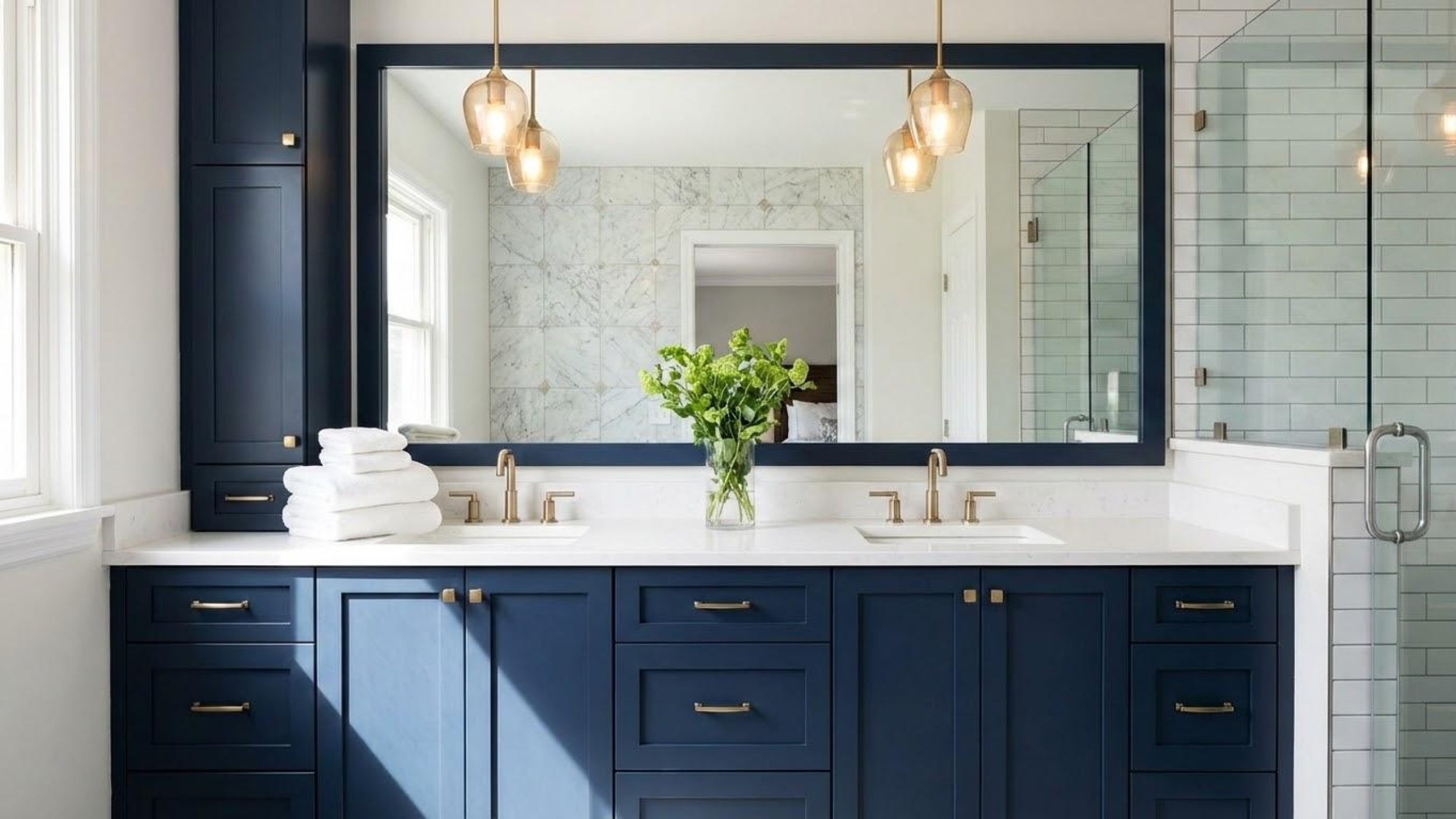 A modern bathroom renovation featuring a double vanity with navy blue cabinets, gold hardware, and a large custom mirror by Fresh Start Build.