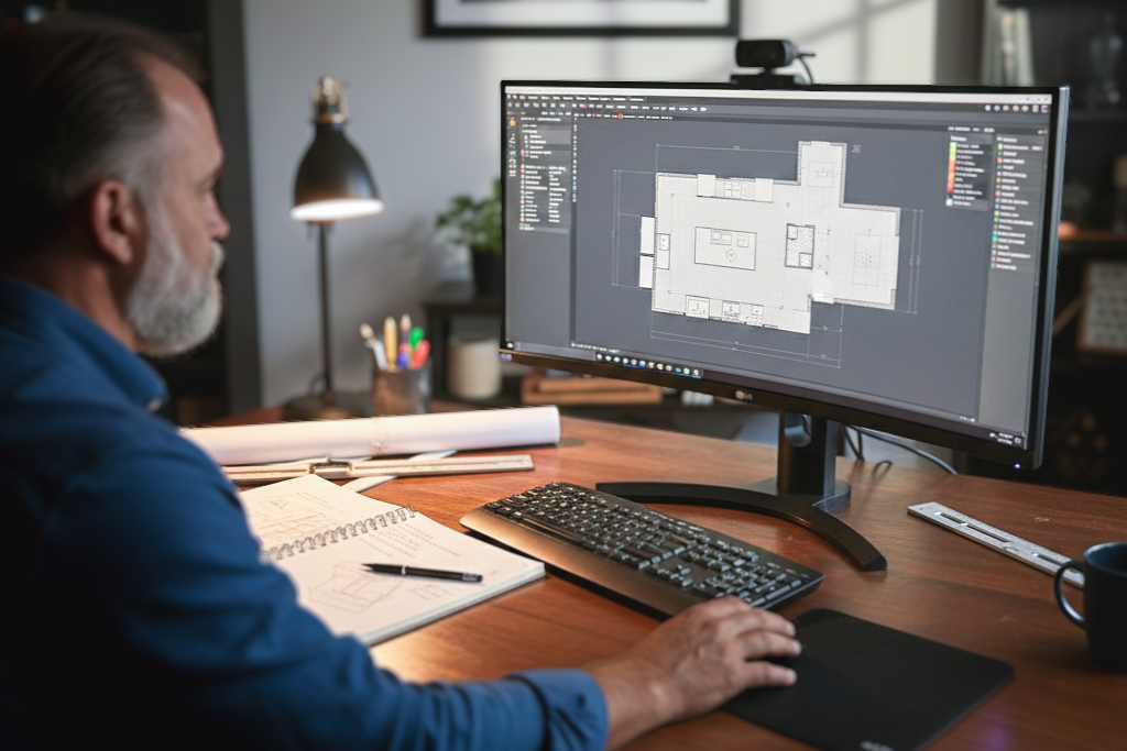 Residential designer Robert Smith working on detailed architectural floor plans using CAD software in his design studio with blueprints on the desk