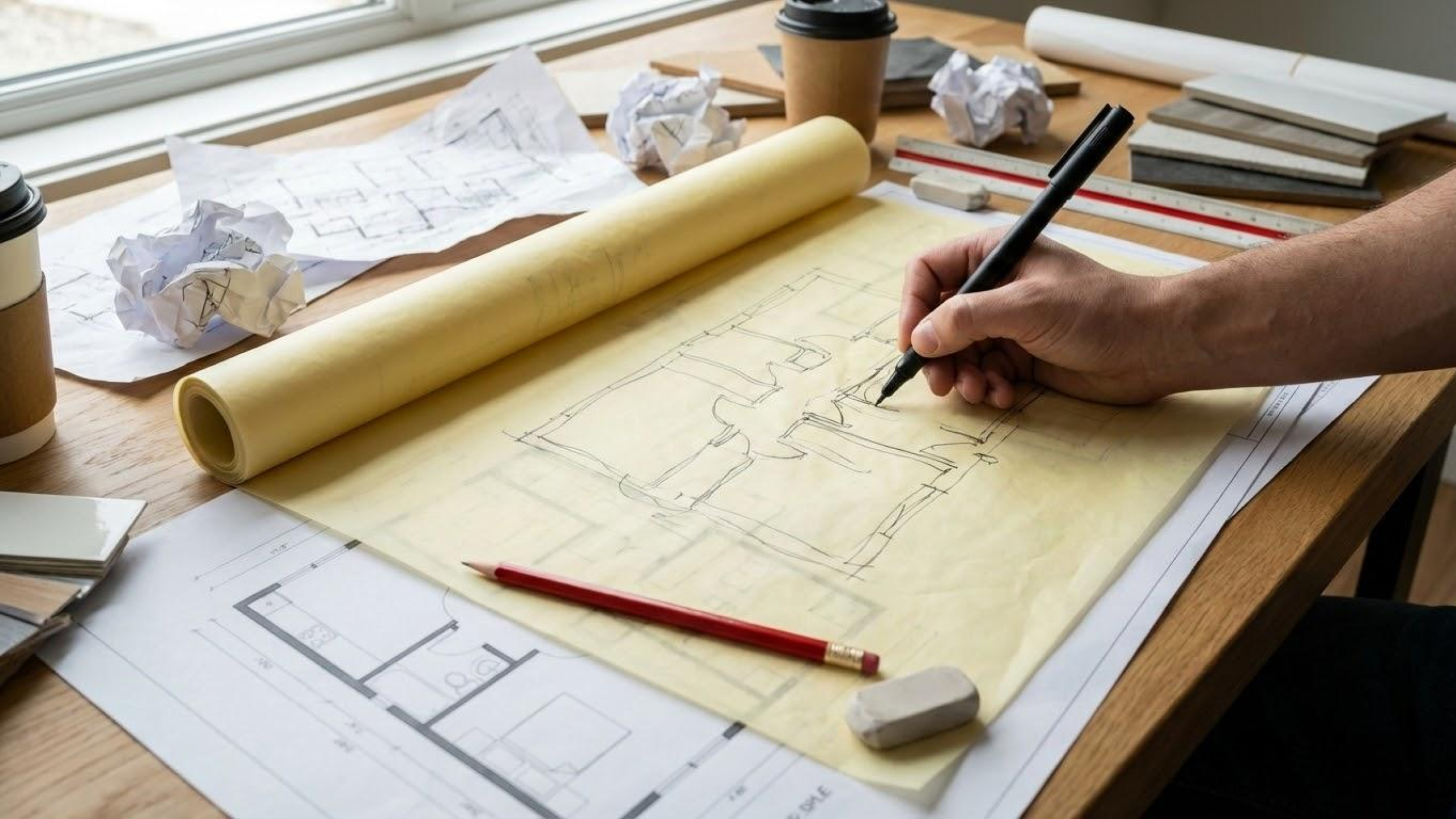 An architect's hand sketches a building floor plan on tracing paper, surrounded by architectural drawings, crumpled paper, pencils, and coffee cups on a wooden desk.
