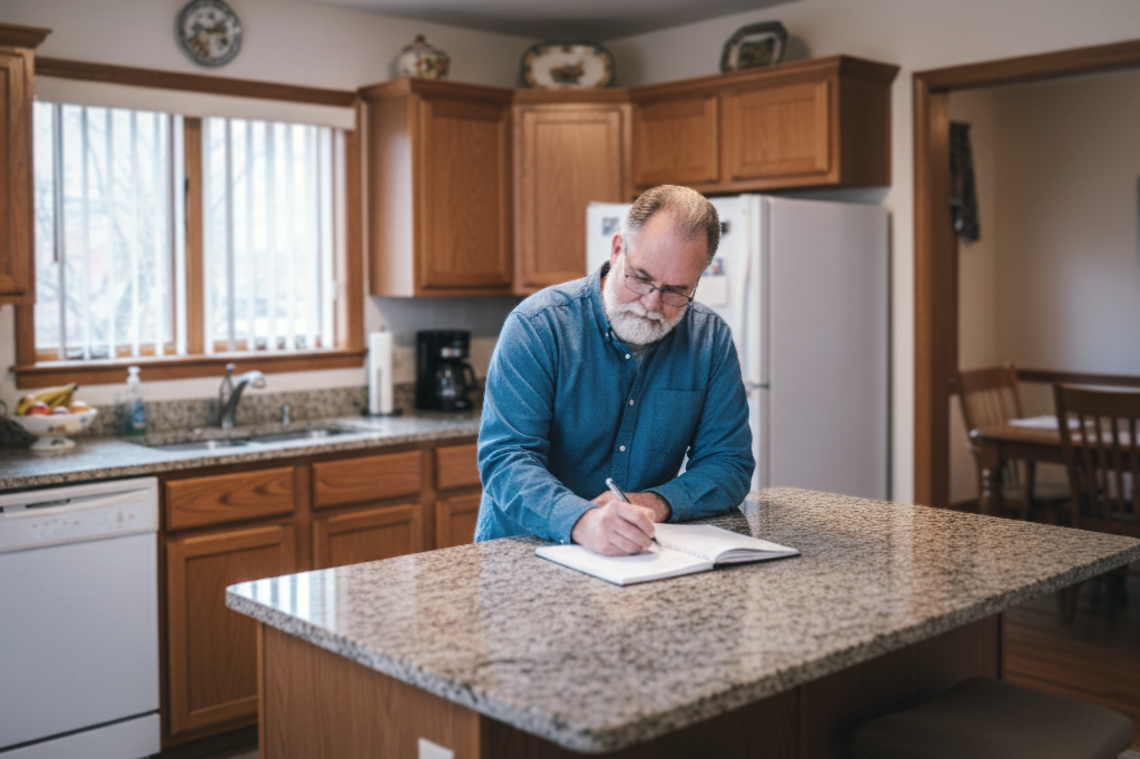 Fresh Start Designs founder Robert Smith taking notes at a kitchen island during an in-home design consultation