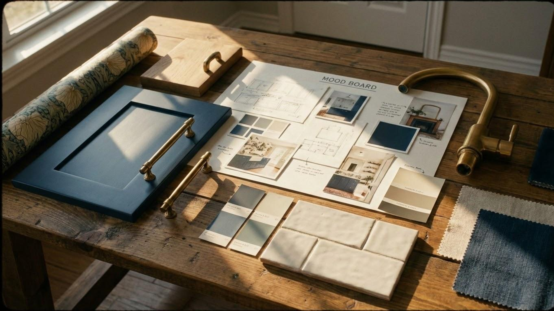 Professional interior design mood board on a wooden table featuring a navy blue shaker cabinet door, gold hardware, neutral paint swatches, white subway tile, and a brass faucet.