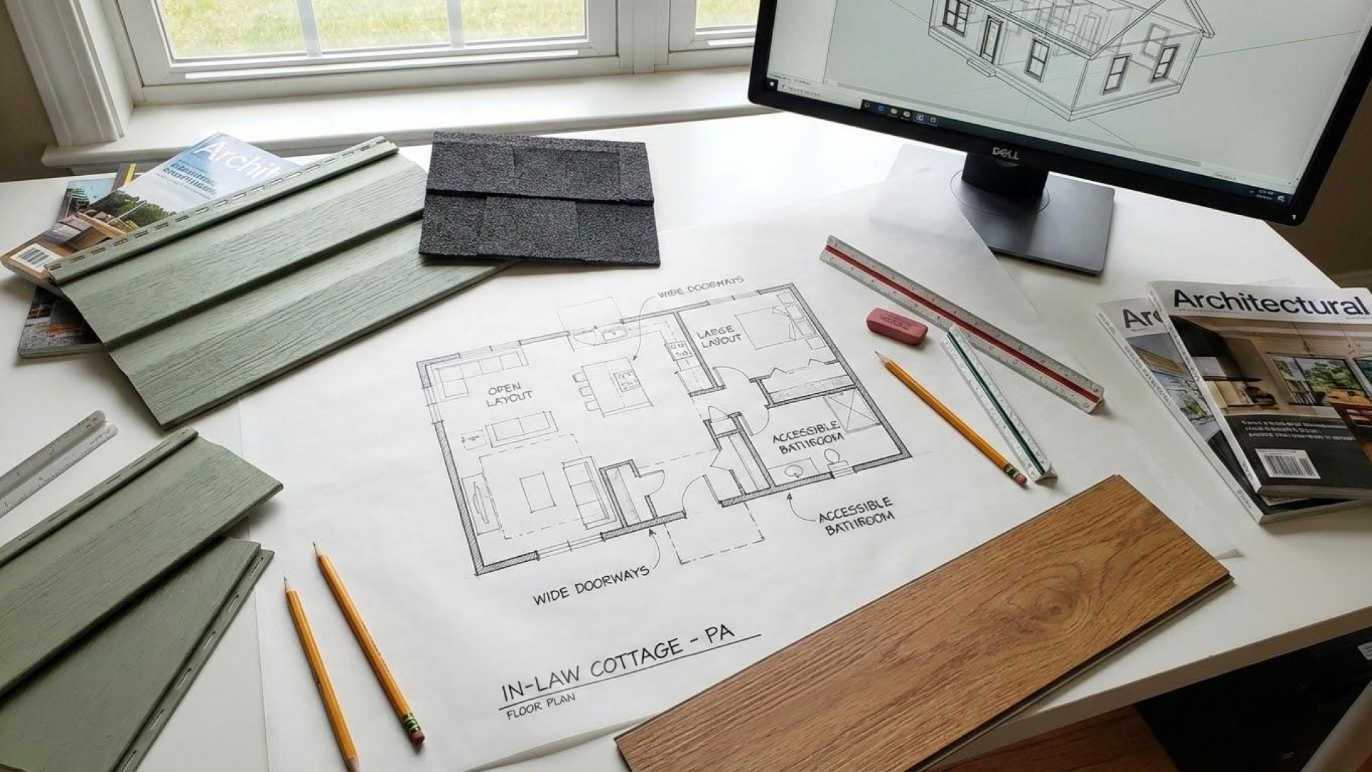 Architect's workspace showing a hand-drawn floor plan for an in-law cottage, exterior material samples, and 3D modeling software on a computer screen.