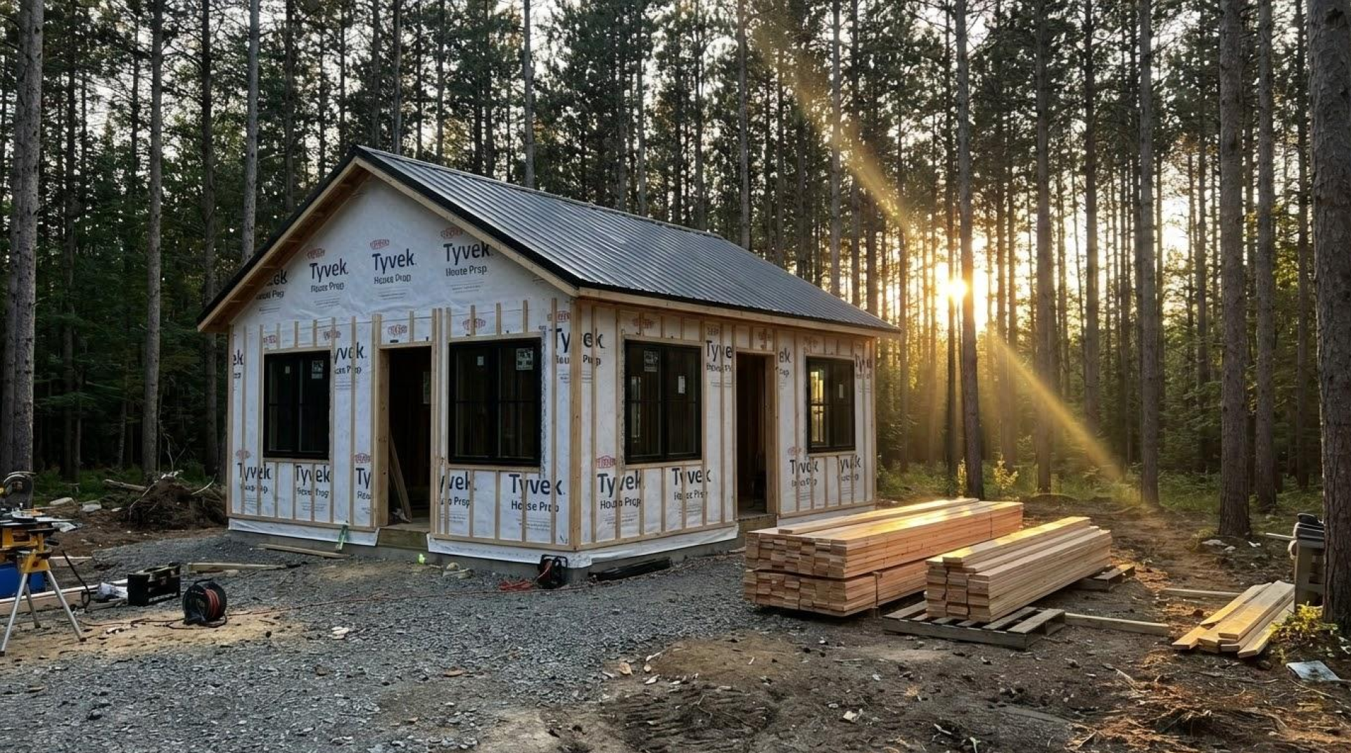 A small cabin under construction in a forest, with black-framed windows and a metal roof installed, and the exterior walls covered in Tyvek house wrap. Piles of lumber and construction tools are on the gravel ground.