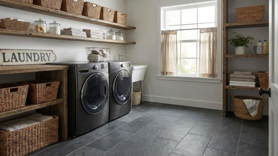 Durable slate tile flooring in a laundry room, a truly waterproof and timeless alternative to plastic LVP in wet areas.