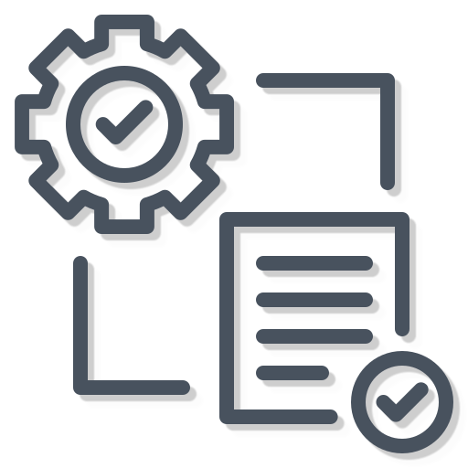 Icon of a gear with a checkmark inside, next to a document and a checkmark, representing document approval or settings.
