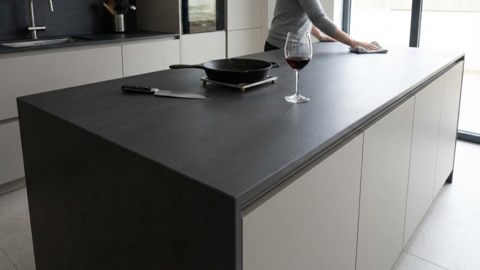 Ultra-durable sintered stone and porcelain countertops, featuring high resistance to heat, scratches, and UV light.