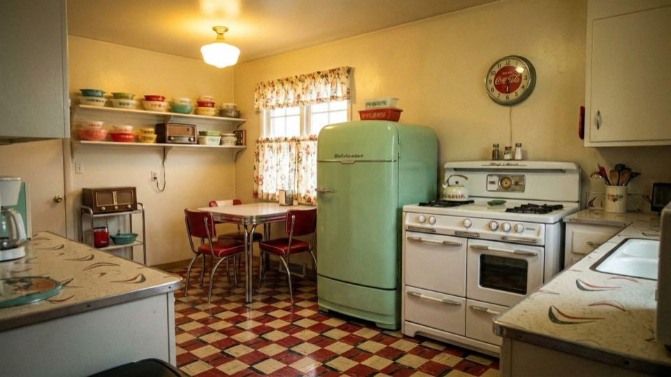 A vintage 1950s kitchen layout, illustrating the origins of the "Work Triangle" efficiency model designed for a single cook.
