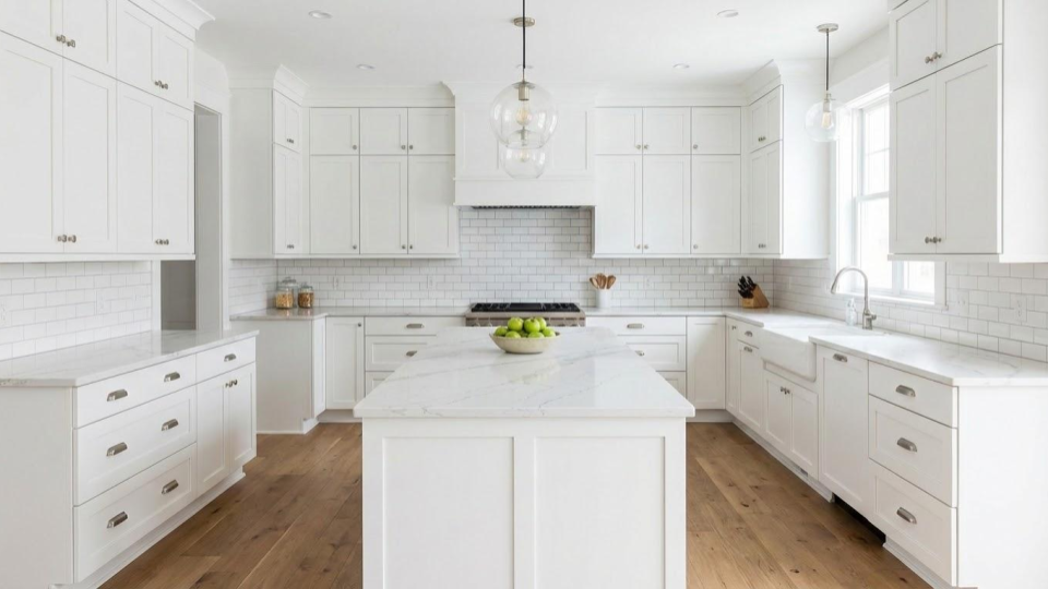 A classic white shaker cabinet door, a kitchen design staple that is being replaced by warmer wood tones and slim shaker styles in 2026.