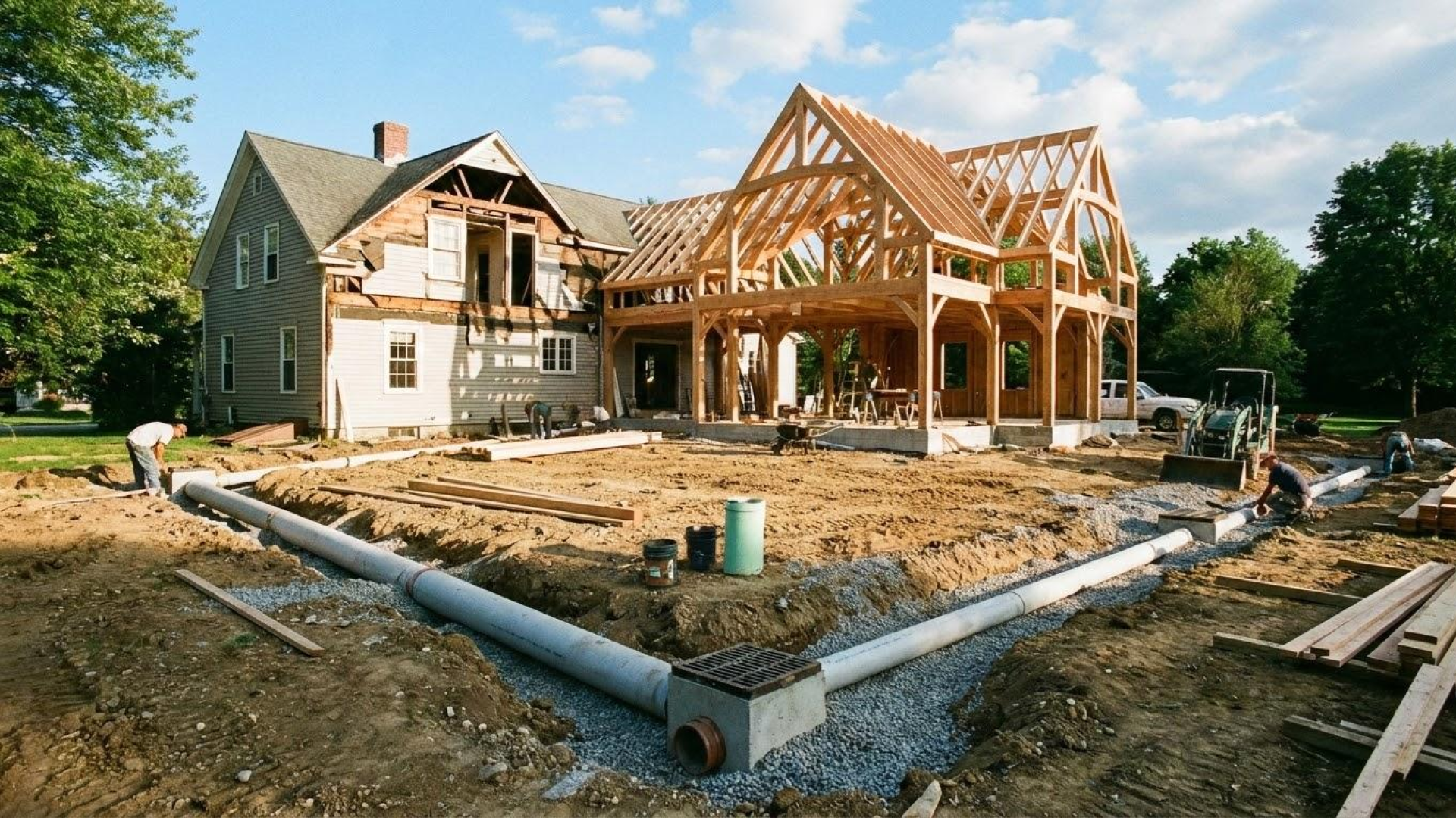 Large-scale residential home addition under construction featuring exposed timber framing and newly installed site drainage and stormwater management systems in the foreground.