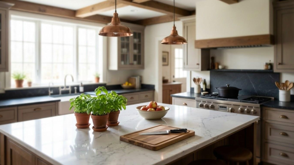 A luxury kitchen island featuring durable countertop surfaces, comparing the pros and cons of engineered quartz versus natural stone for home chefs.