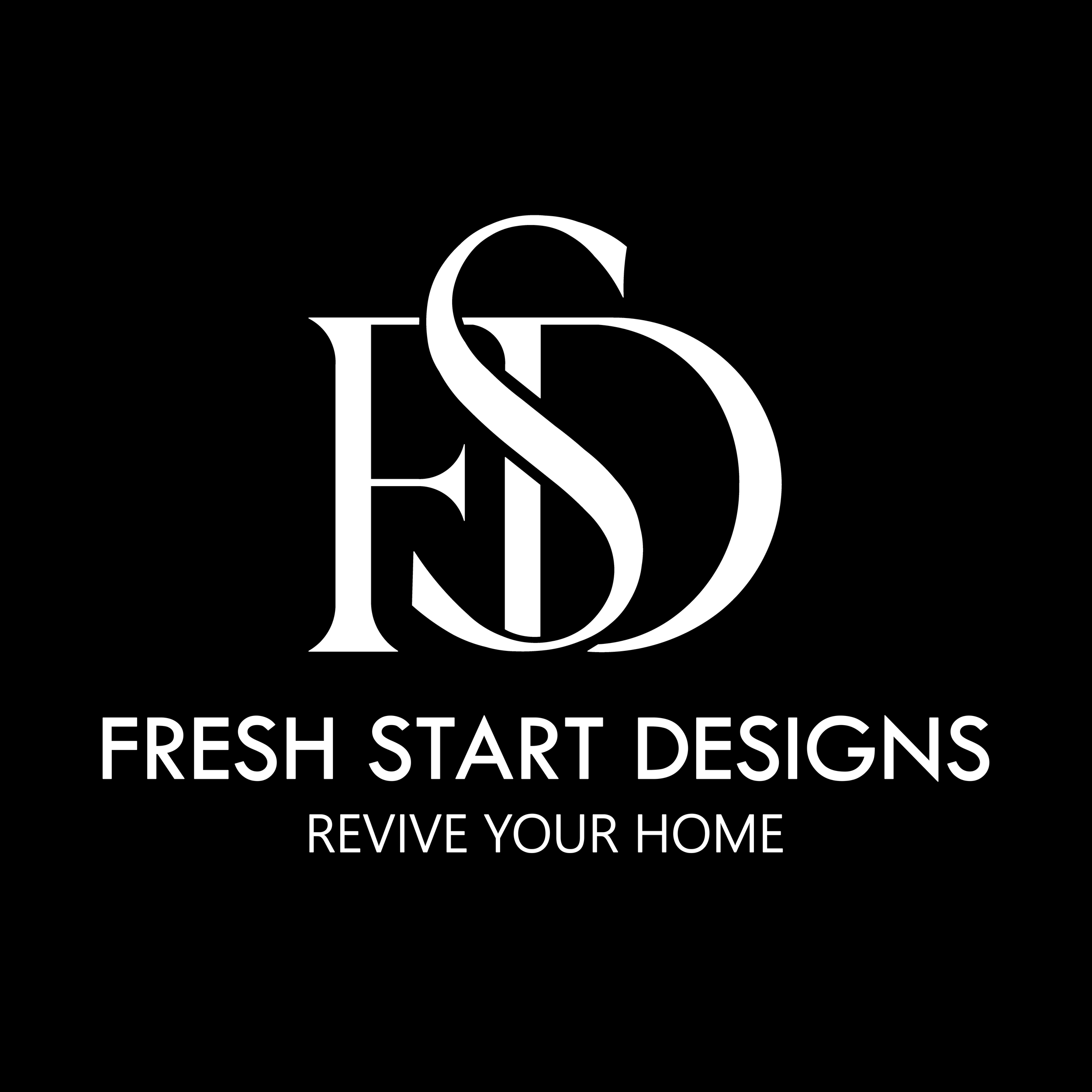 Black background with a white logo consisting of intertwined letters 'FSD', and below, the text 'FRESH START DESIGNS' and 'REVIVE YOUR HOME' in white.