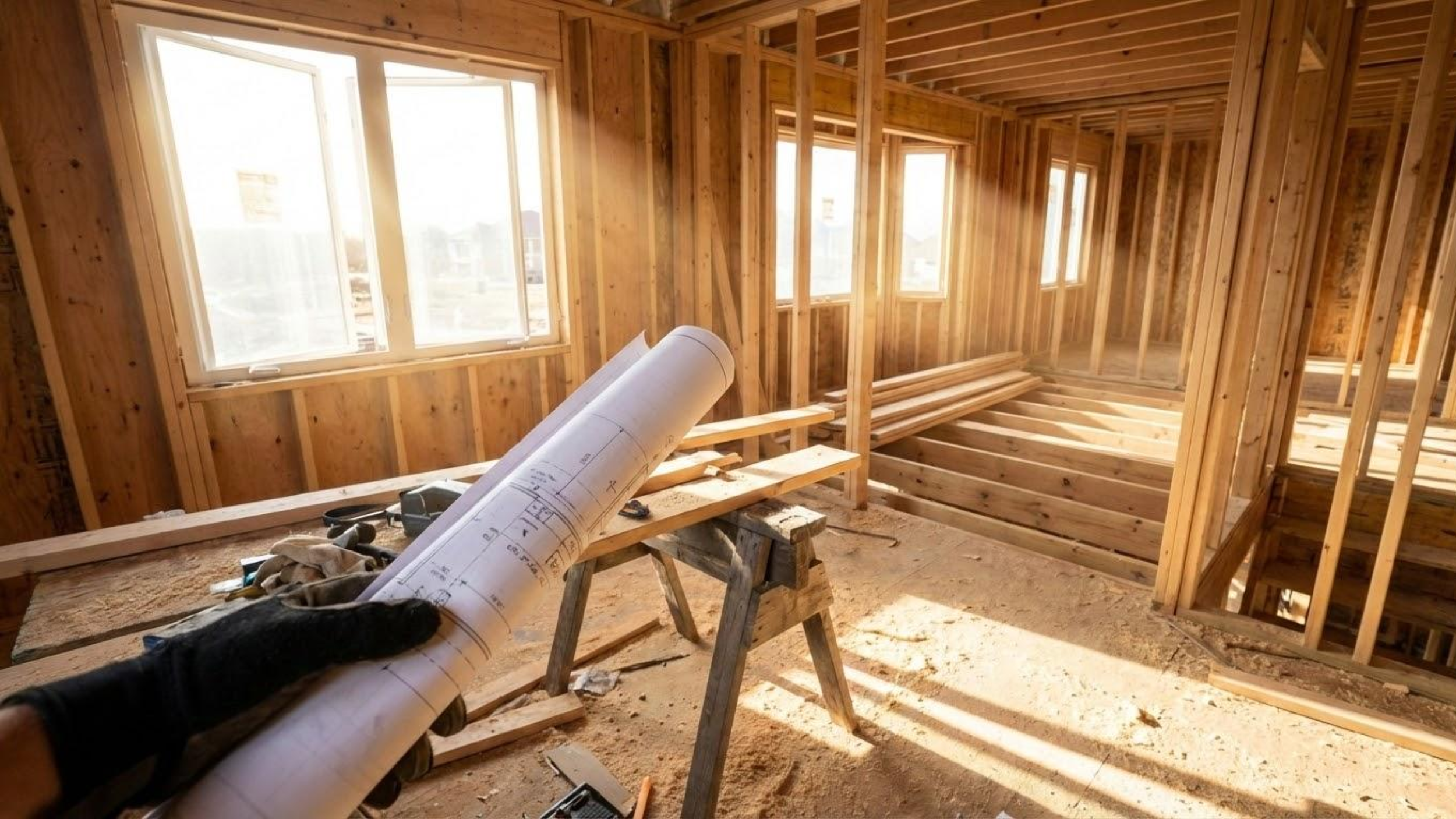 Interior of a house under construction with wooden framing, visible windows, and construction tools, with sunlight streaming in.