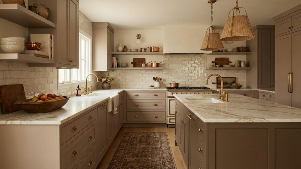 Kitchen cabinets painted in "Mushroom" and Taupe, offering a sophisticated, warm neutral alternative to bright white.