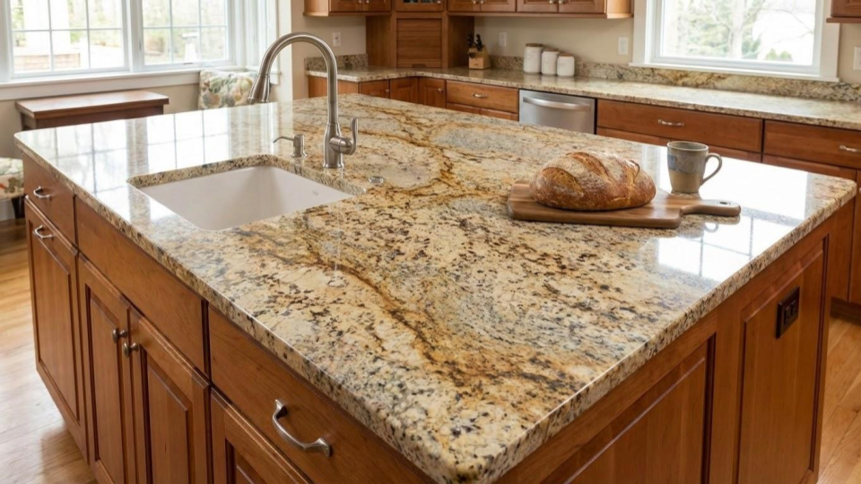 A polished granite countertop surface, chosen for its exceptional heat resistance and unique natural patterns.