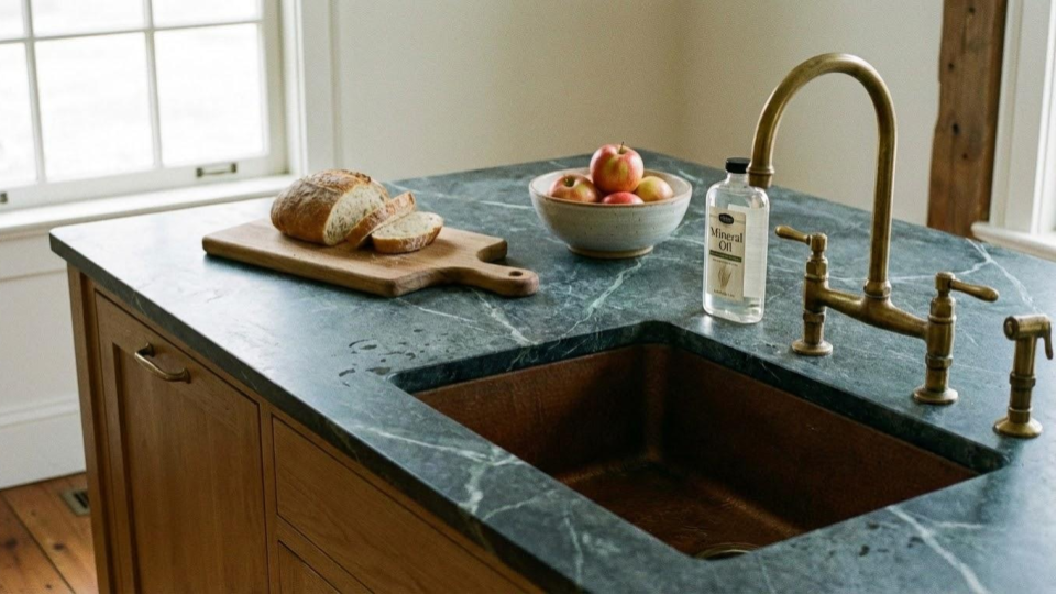 Dark soapstone countertops with a matte finish, offering heat resistance and a rustic aesthetic for farmhouse style kitchens.
