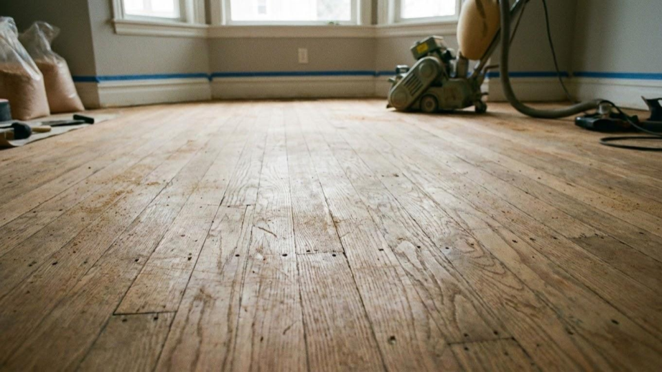 Original hardwood floors being sanded and refinished with a matte water-based sealer to restore their natural beauty and avoid the orange tone of old polyurethane.