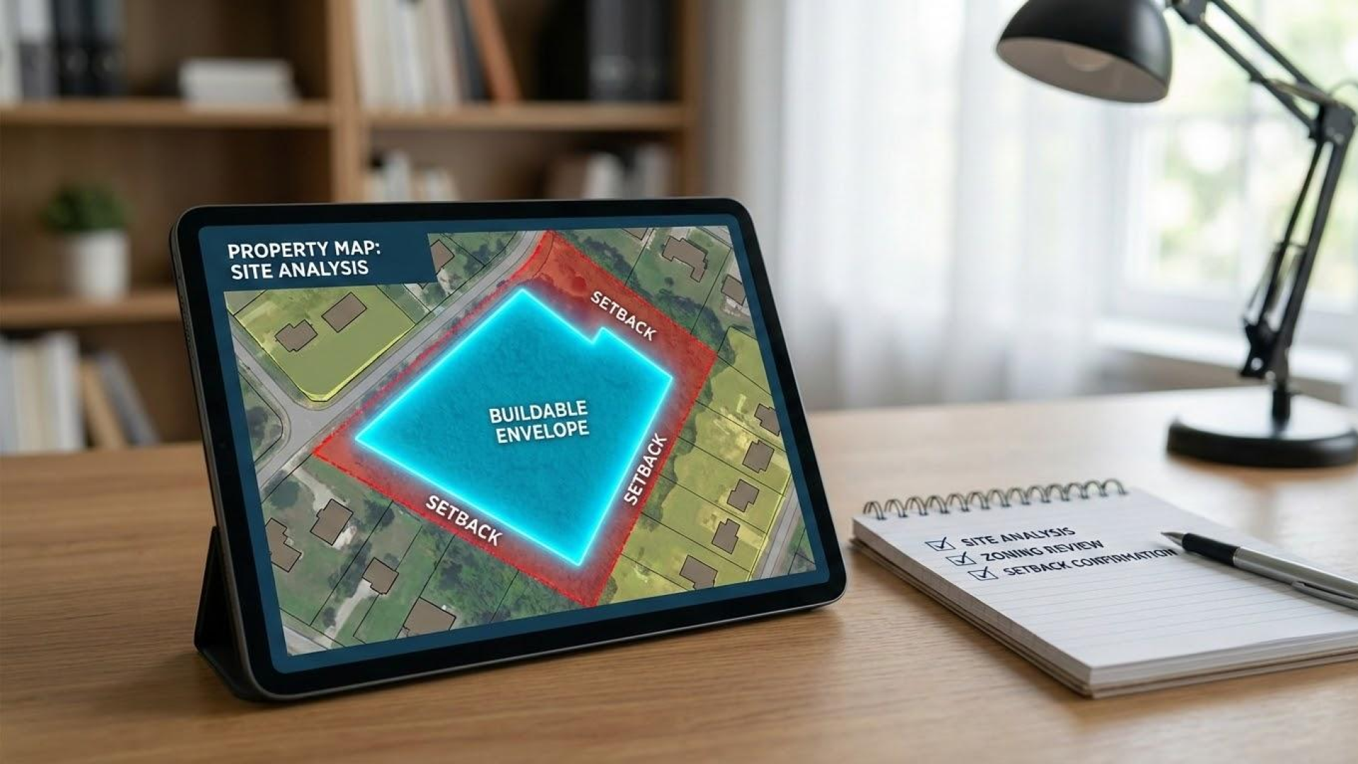 Digital tablet displaying a property site analysis map with the buildable envelope and zoning setbacks highlighted in bright colors.