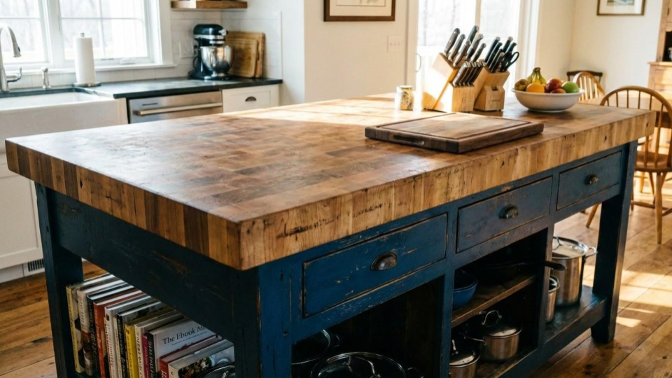 Warm wood butcher block countertops, providing a functional cutting surface for kitchen islands and prep stations.