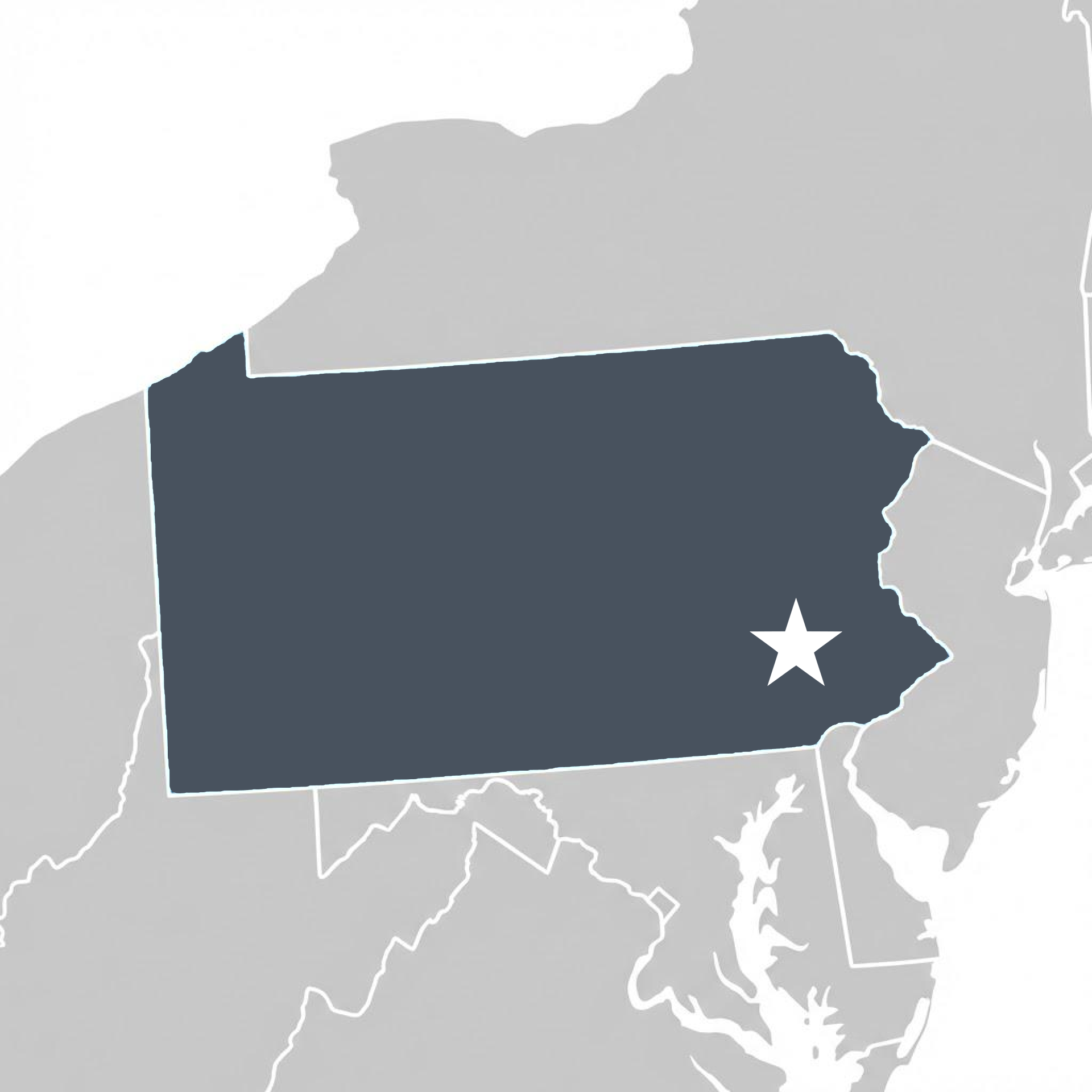 A regional map showing the state of Pennsylvania, highlighting the specific counties and municipalities served by Fresh Start Designs for custom additions and home renovations.
