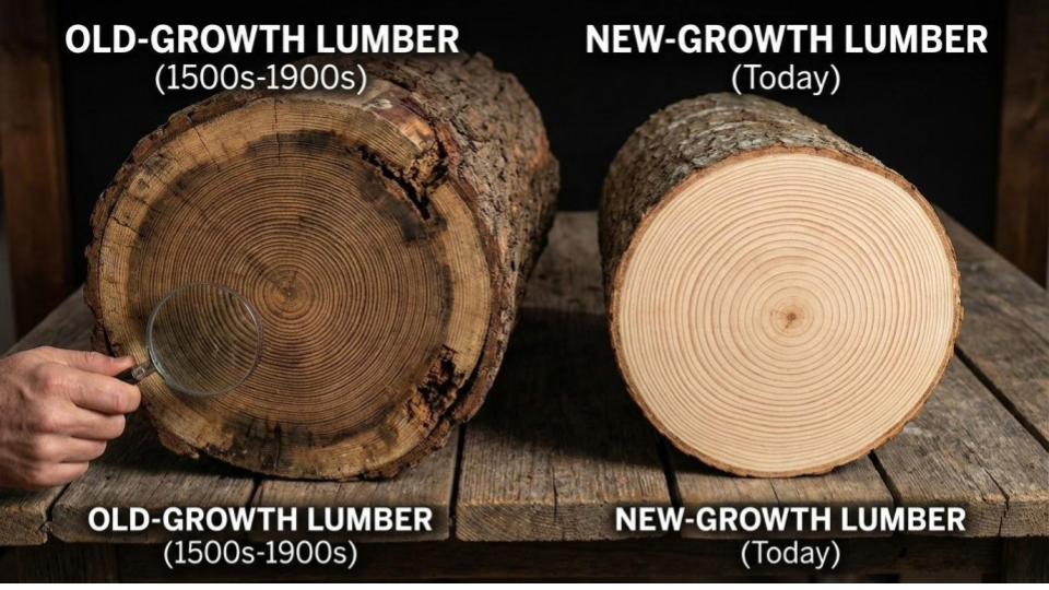 A cross-section comparison of dense Old Growth lumber versus porous New Growth lumber, illustrating why historic 18th-century homes in Pennsylvania are structurally superior to modern stick framing.