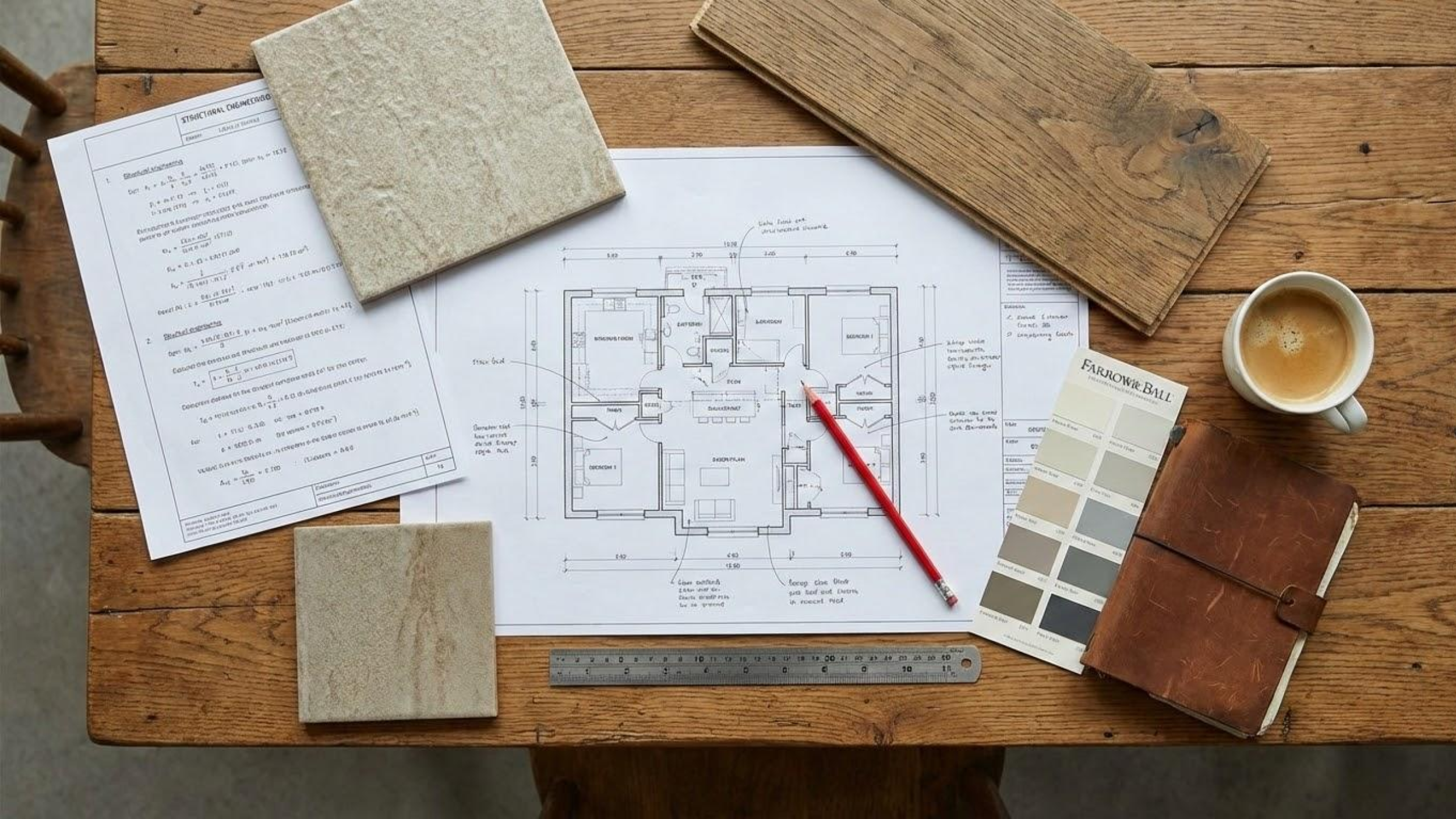 A design selection meeting featuring architectural blueprints, tile samples, and finish materials for a custom home build.