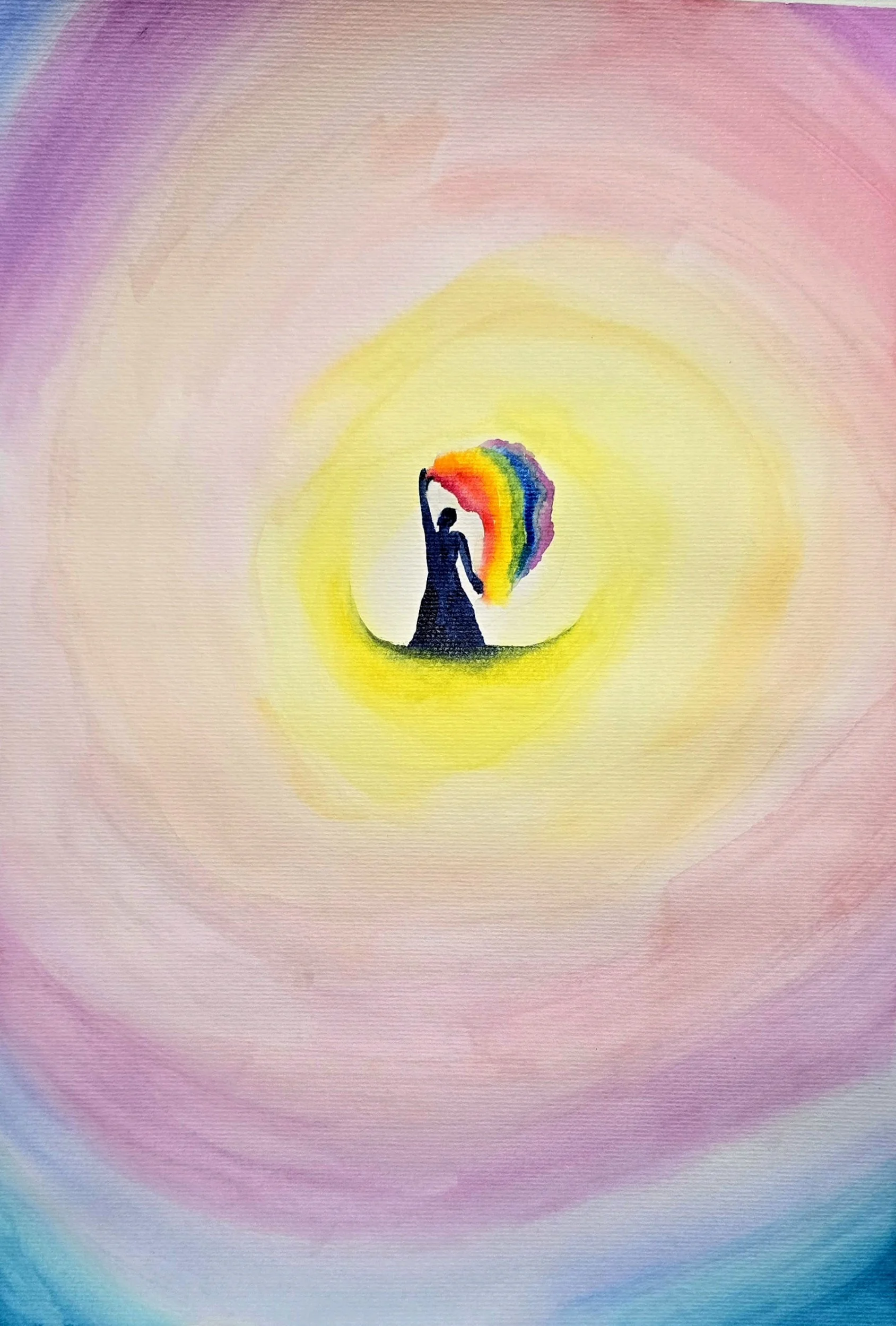 Figura maschile al centro di un sole che rappresenta l’Io, con gesto euritmico della I e flusso di colori dell’arcobaleno come scelta consapevole