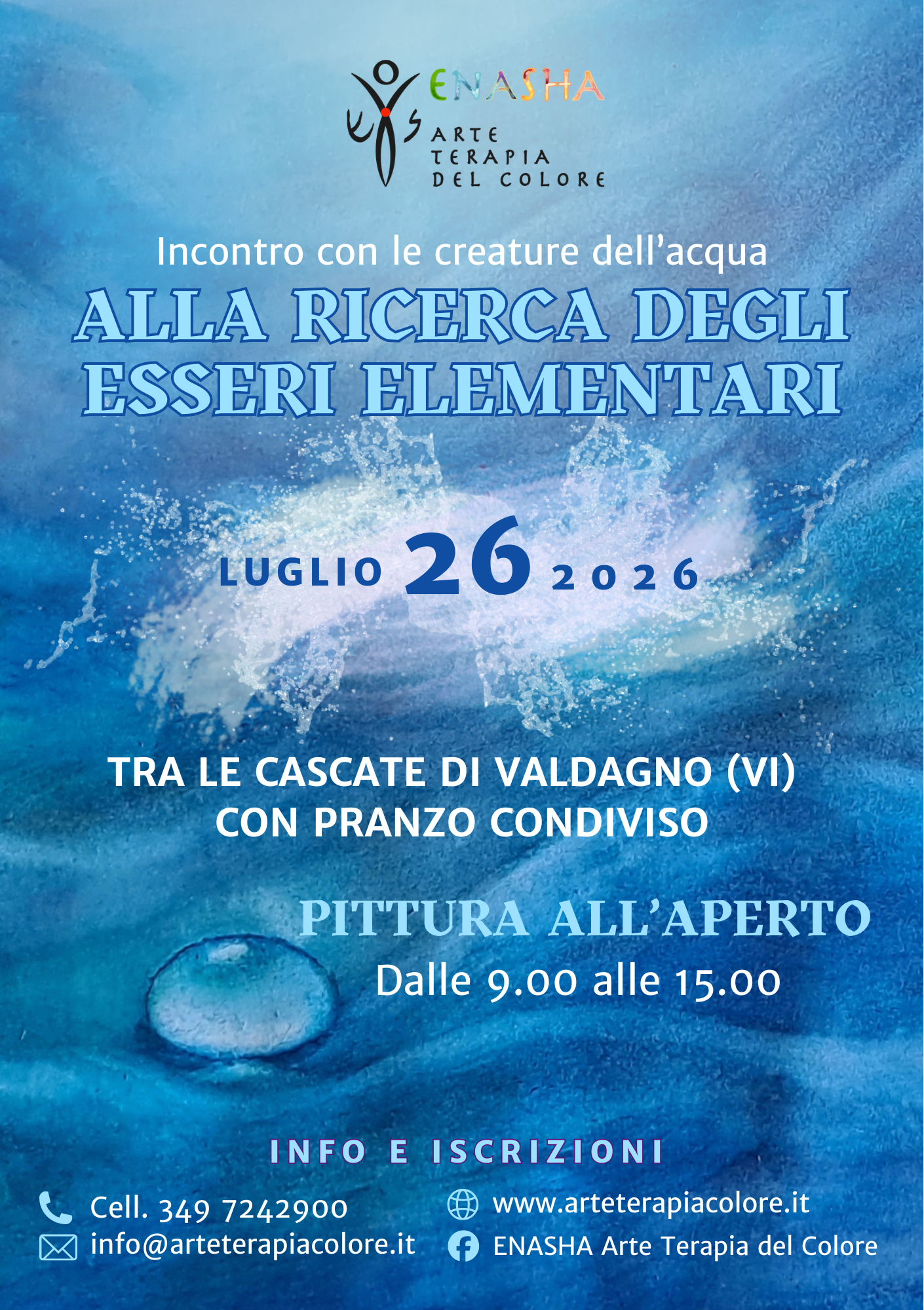 Flyer dell'incontro Alla Ricerca degli Esseri dell'Acqua nella Valle Corata di Valdagno, dedicato alle forze della vita, del movimento e della trasformazione.