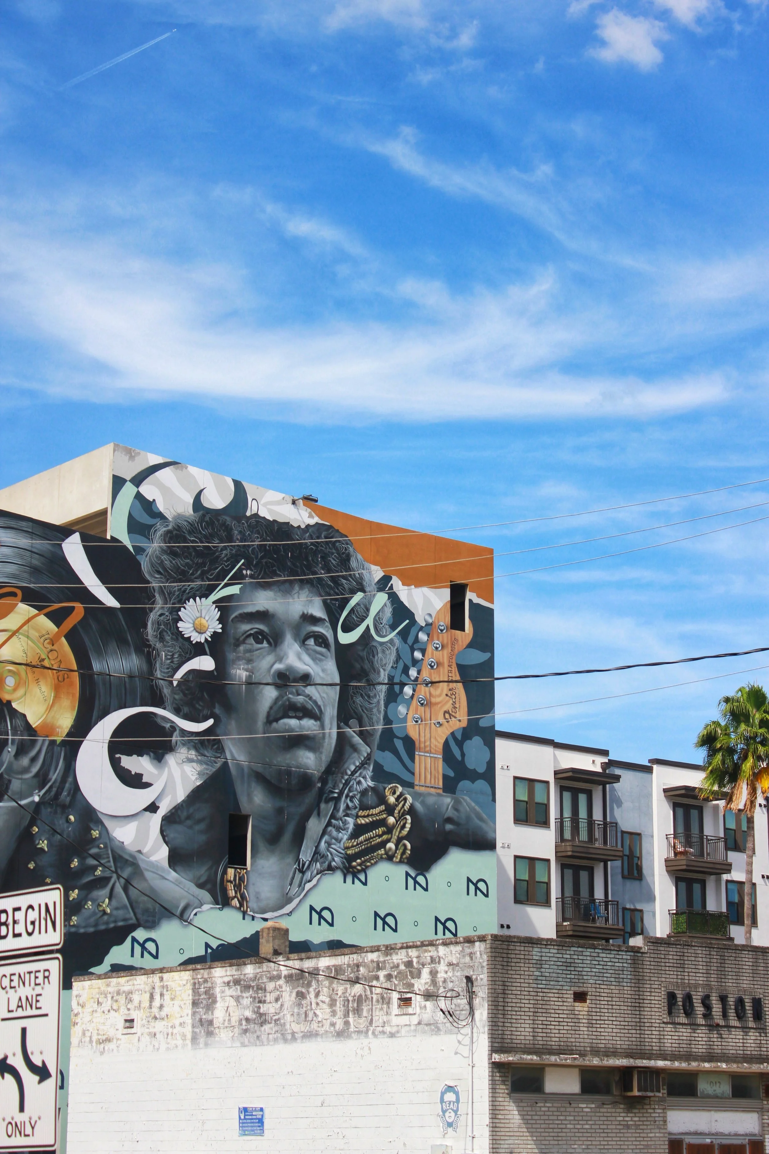 Jimmy Hendrix mural in tampa florida with blue sky