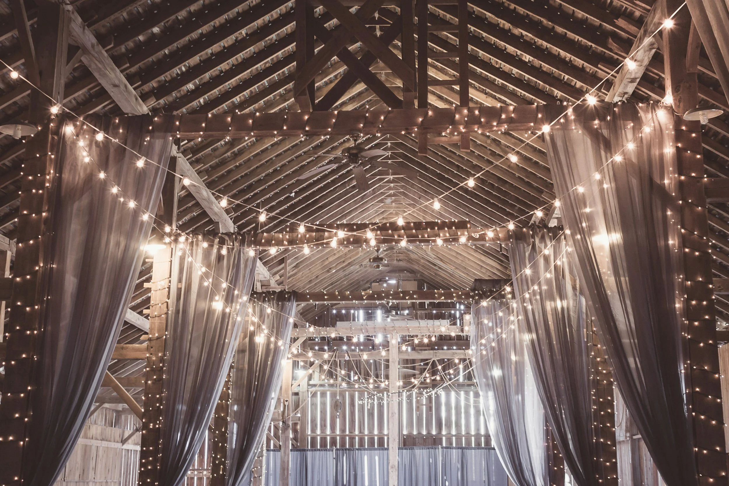 Interior of a rustic barn decorated with string lights and white curtains.