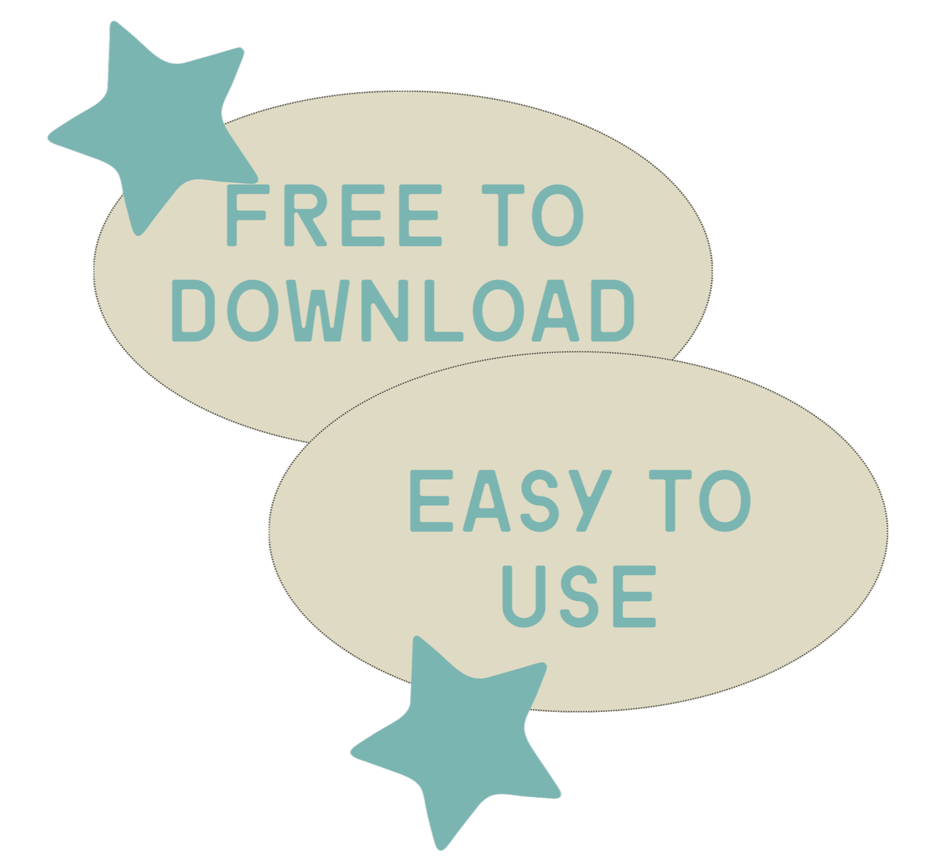 Speech bubble graphics with the phrases "Free to Download" and "Easy to Use" and star icons.