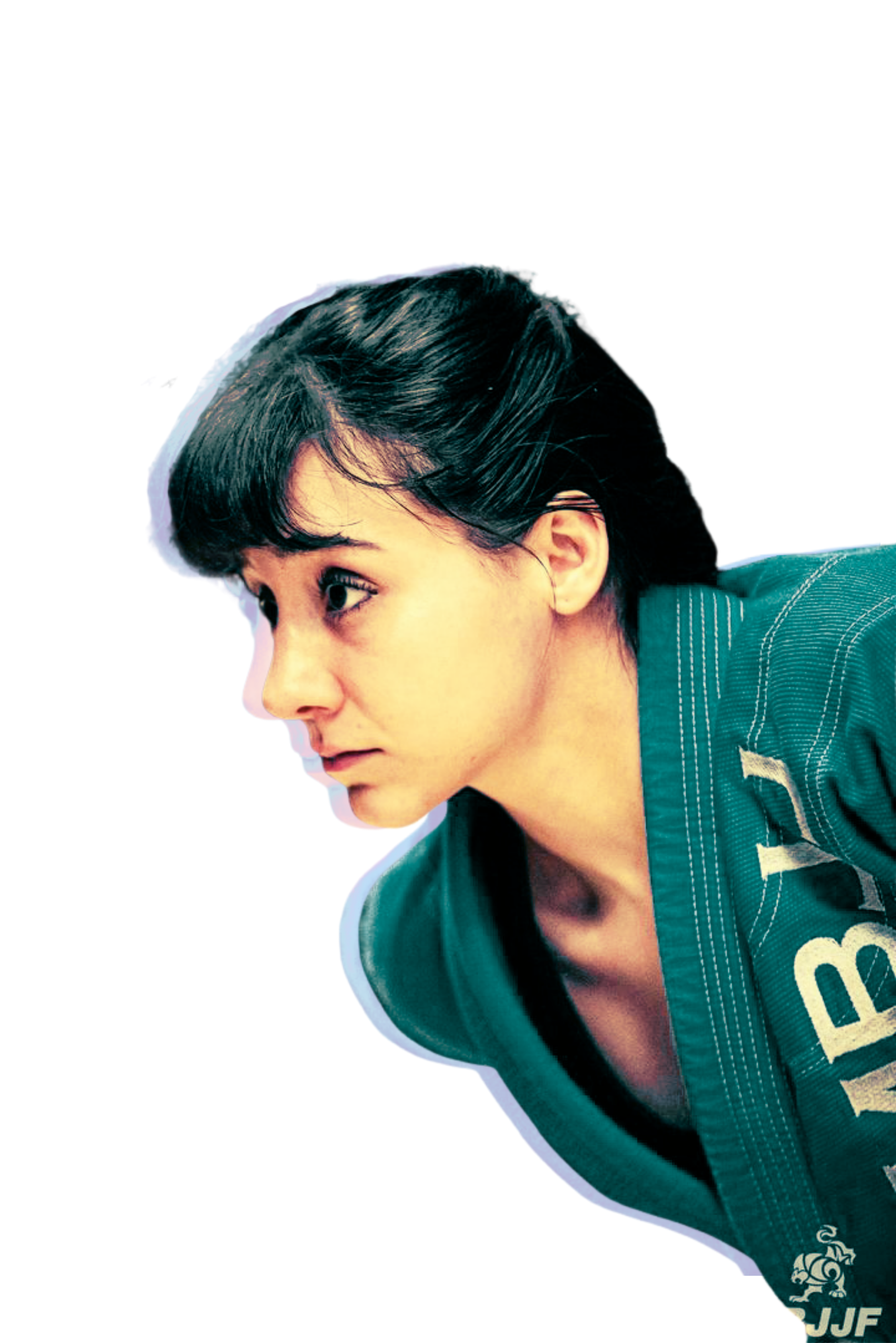 A young woman with short dark hair and a serious expression, wearing a teal martial arts gi with a logo on the sleeve.