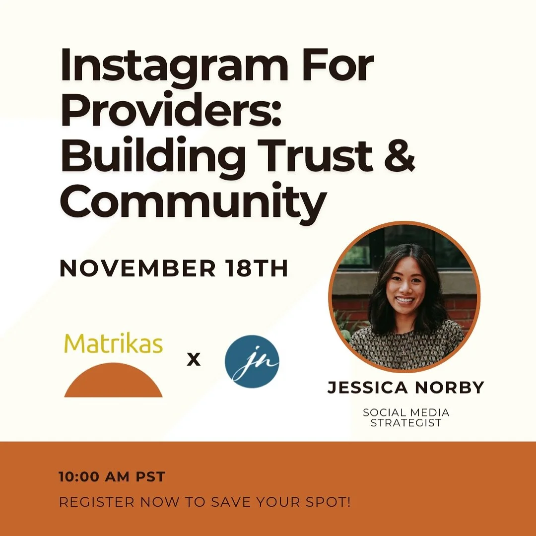 Instagram for Providers: Building Trust and Community

Tuesday, November 18, 2025
10am PST/ 1pm EST 

Join us for an educational zoom by Jessica Norby @jessicanorbyllc featuring best practices for Instagram. Building community on social media can be 
