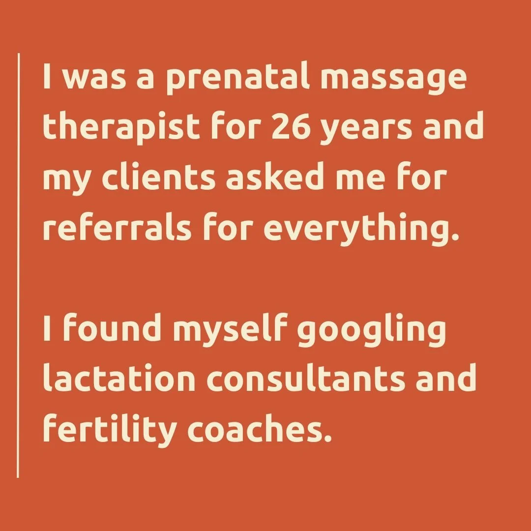 Here&rsquo;s the origin story of Matrikas&hellip; I was a prenatal Massage Therapist for 26 years and my clients asked me for referrals for everything.

I found myself googling lactation consultants and Fertility coaches, but not knowing who I could 