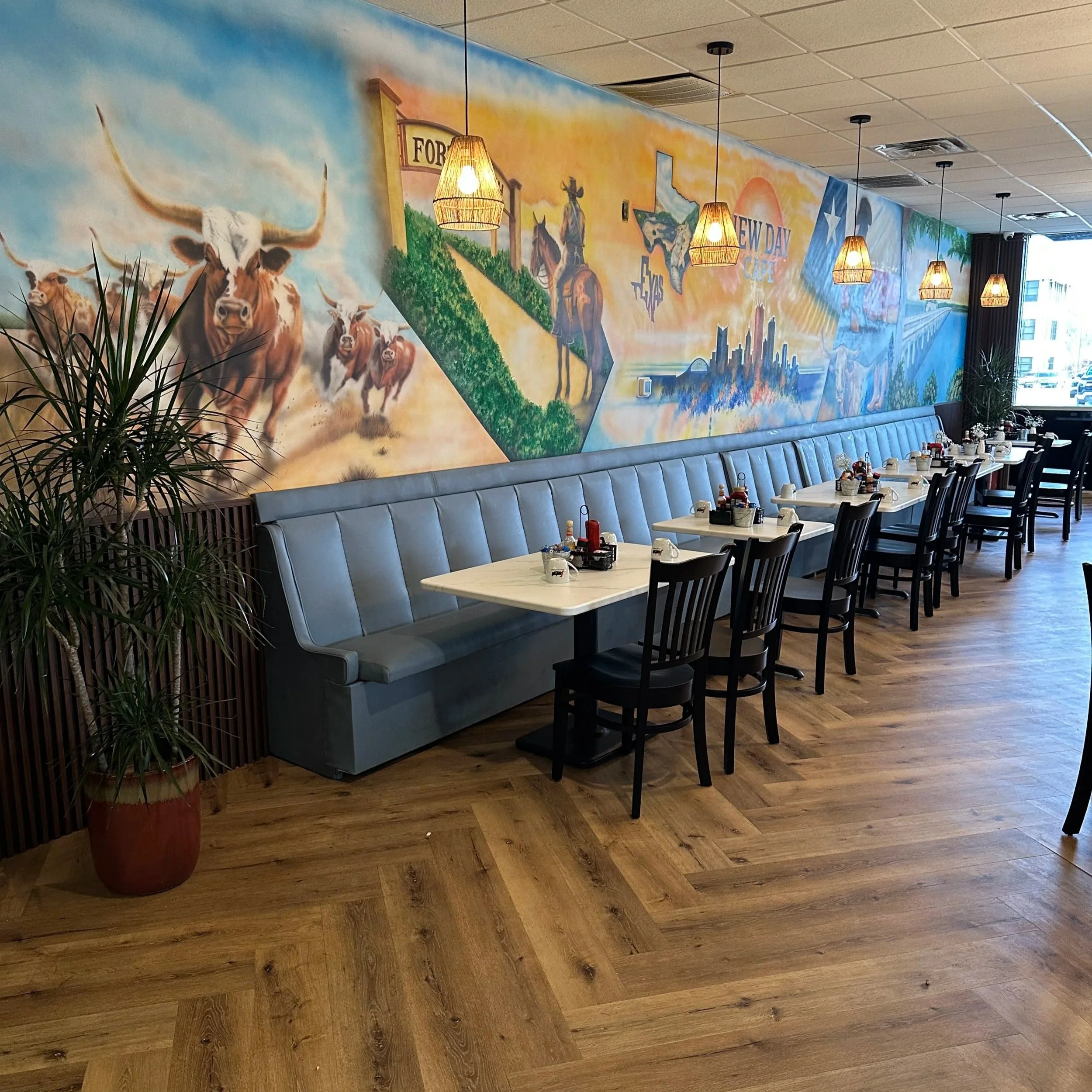 Commercial plant design installation at New Day Café in Fort Worth featuring a statement dracaena floor plant styled within a mural-lined restaurant dining space.