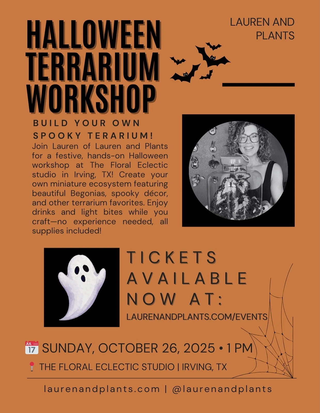 👻✨ HALLOWEEN TERRARIUM WORKSHOP ✨👻
I&rsquo;m so excited to announce my next workshop! Irving friends, I&rsquo;ll be at The Floral Eclectic Studio on Sunday, Oct 26 at 1PM.

🌱 Build your own spooky terrarium featuring beautiful Begonias, festive d&
