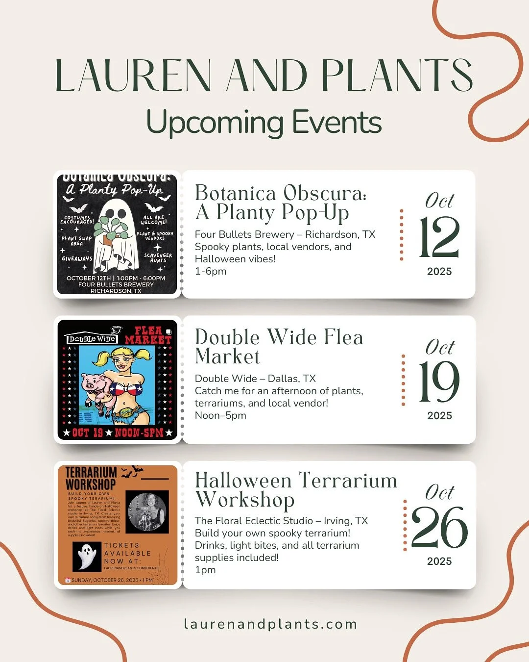 It&rsquo;s a planty kind of October 🌿✨

I&rsquo;m so excited to be part of a few fun events this month &mdash; from spooky pop-ups to cozy terrarium building, there&rsquo;s something for everyone! 🪴

🎃 October 12: Botanica Obscura: A Planty Pop-Up