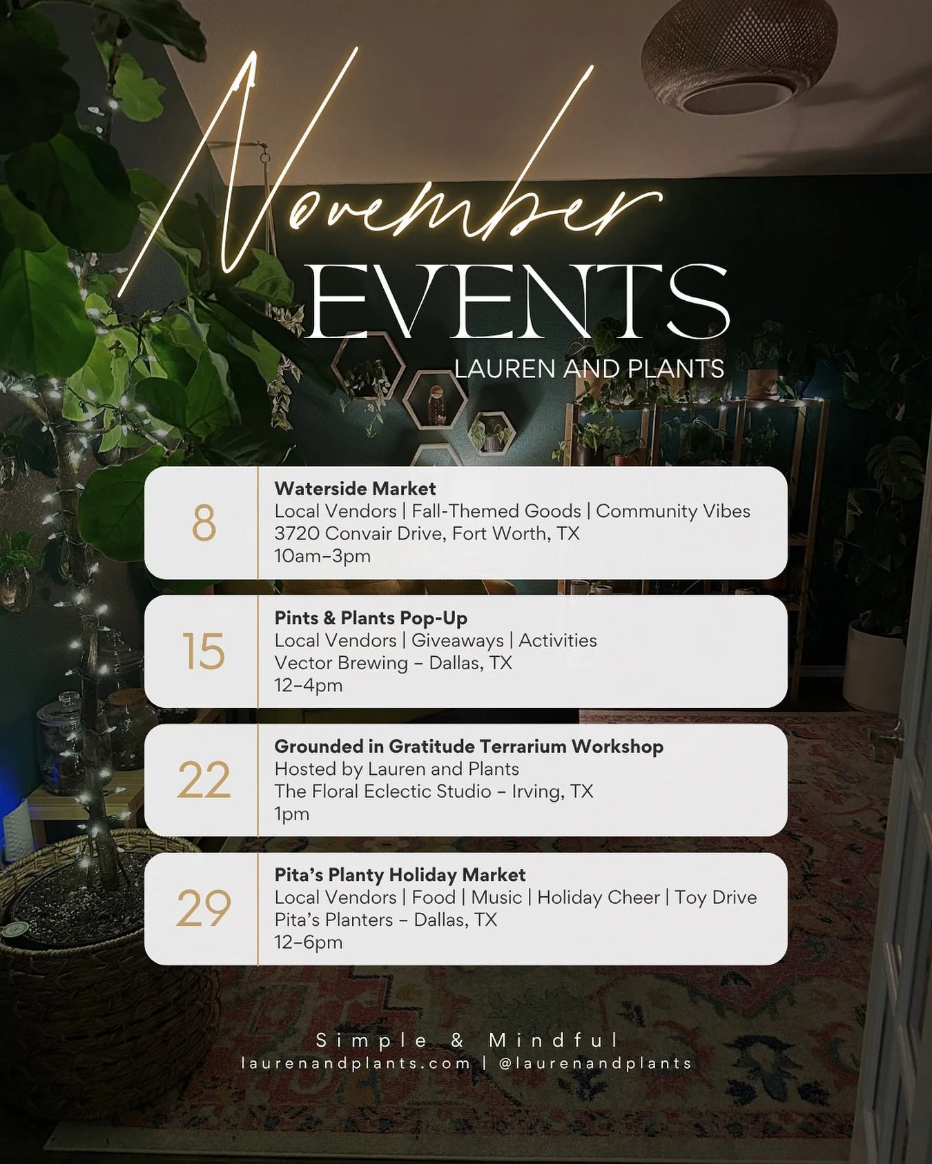 November is full of ways to connect, create, and grow.  I can&rsquo;t wait to see everyone this month! 🌱

Catch me at:
✨ Waterside Market &ndash; Nov 8 @creativelybeautevents @waterside_fw
🌿 Pints &amp; Plants Pop-Up &ndash; Nov 15 @plantsbyviridia