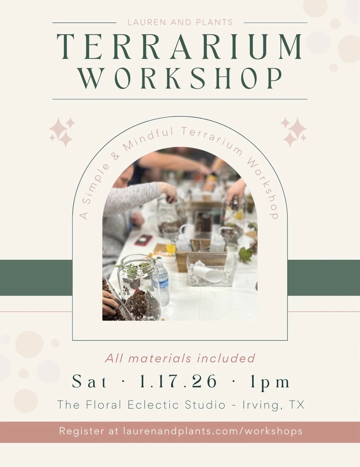 🌿 Terrarium Workshop Announcement

I&rsquo;m hosting another terrarium workshop and I&rsquo;d love for you to join me! 

This hands-on terrarium workshop is beginner-friendly and designed to be relaxed, creative, and welcoming. You&rsquo;ll build yo