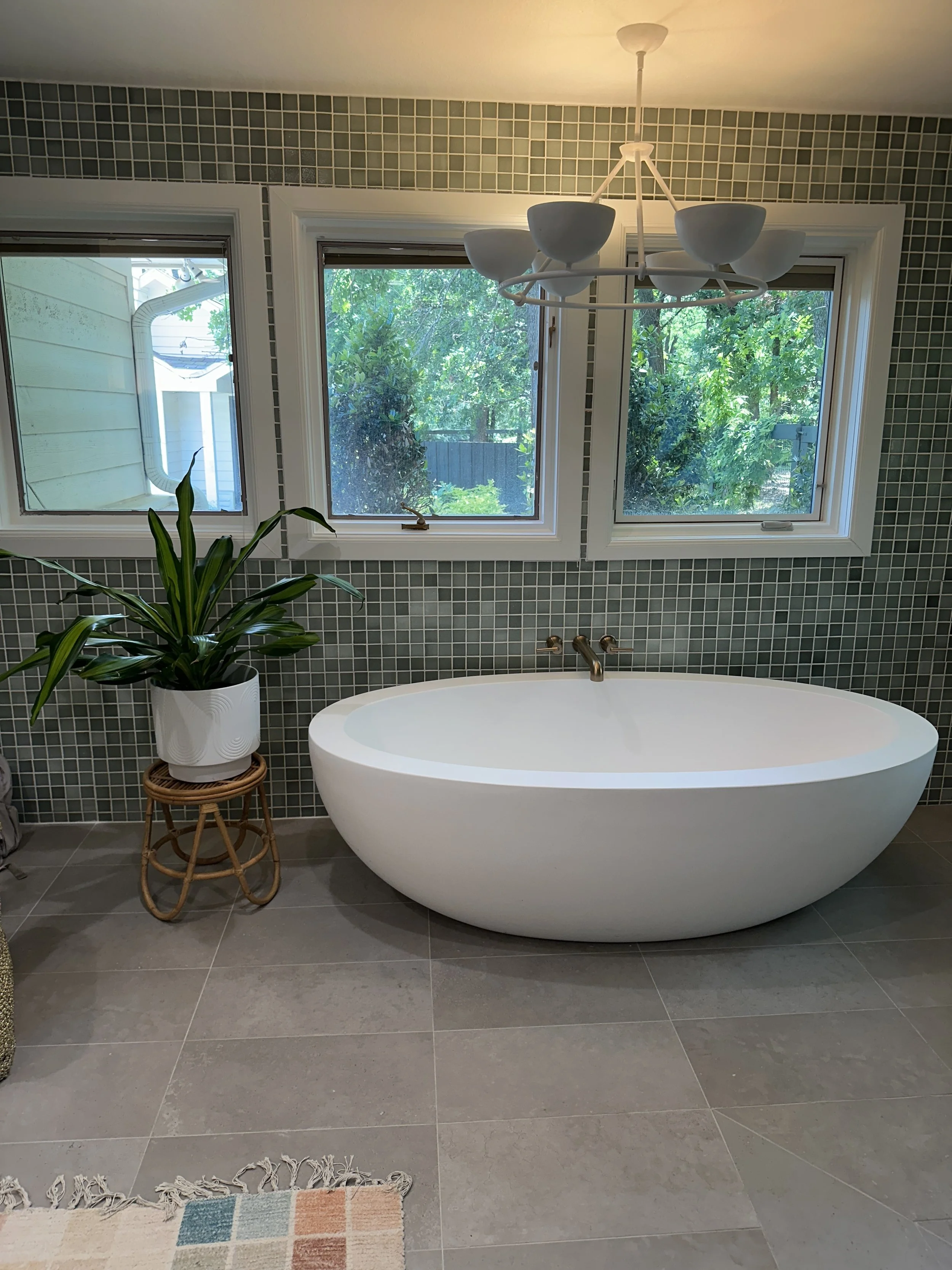 Modern bathroom with freestanding tub and indoor plant styling in Fort Worth home