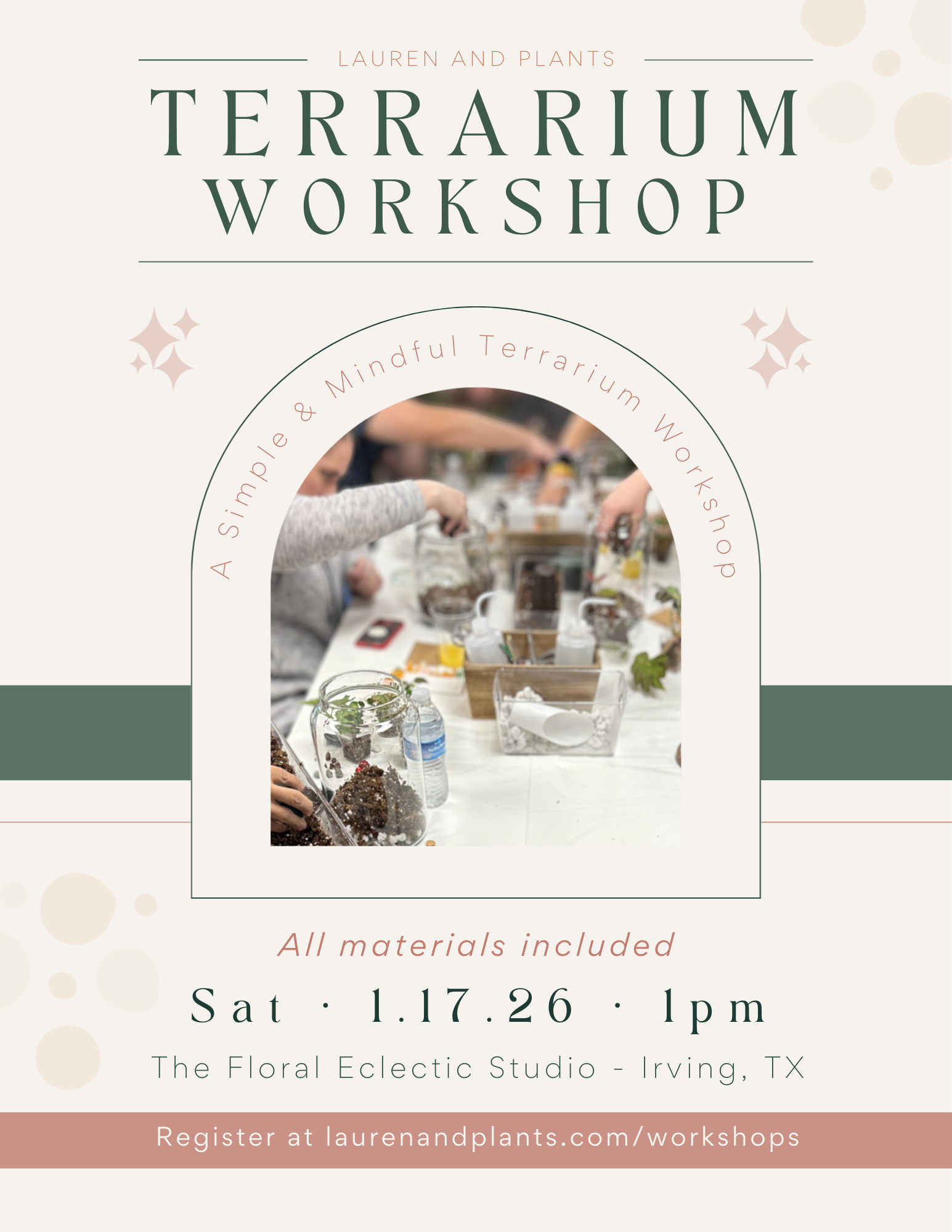 Terrarium workshop hosted by Lauren and Plants in Irving, Texas with hands-on plant building and all materials included