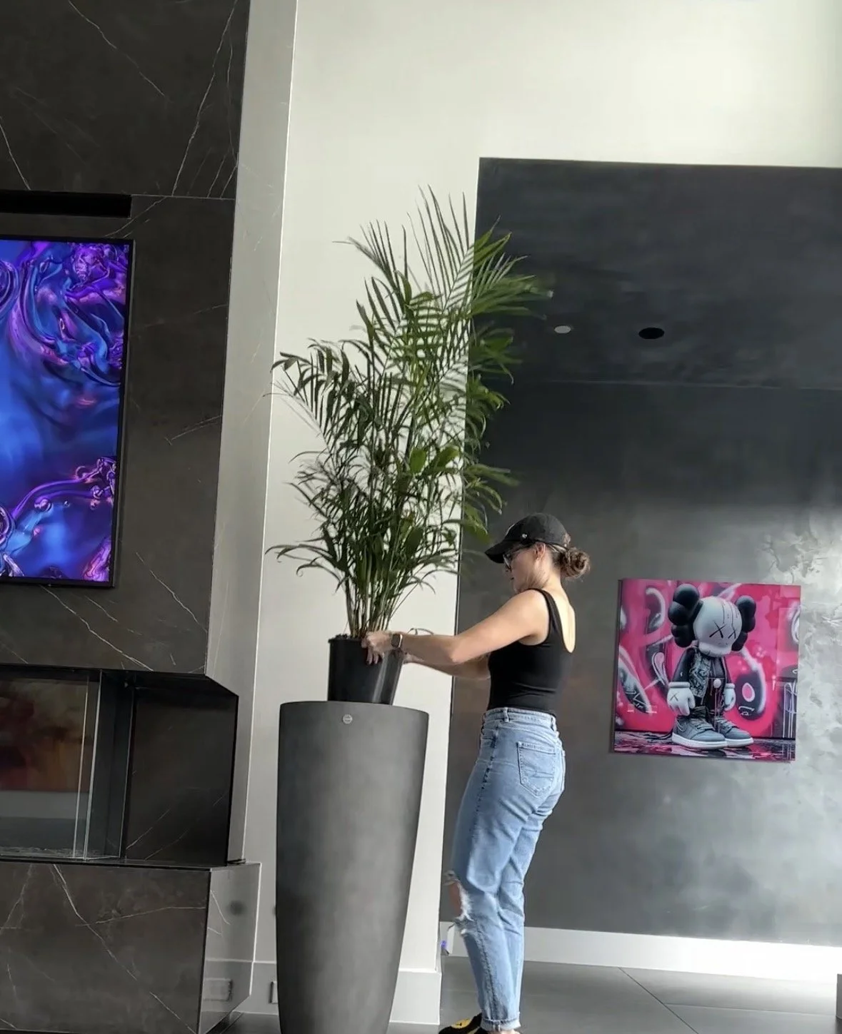 Plant stylist placing a large floor plant in a modern interior as part of a plant staging installation