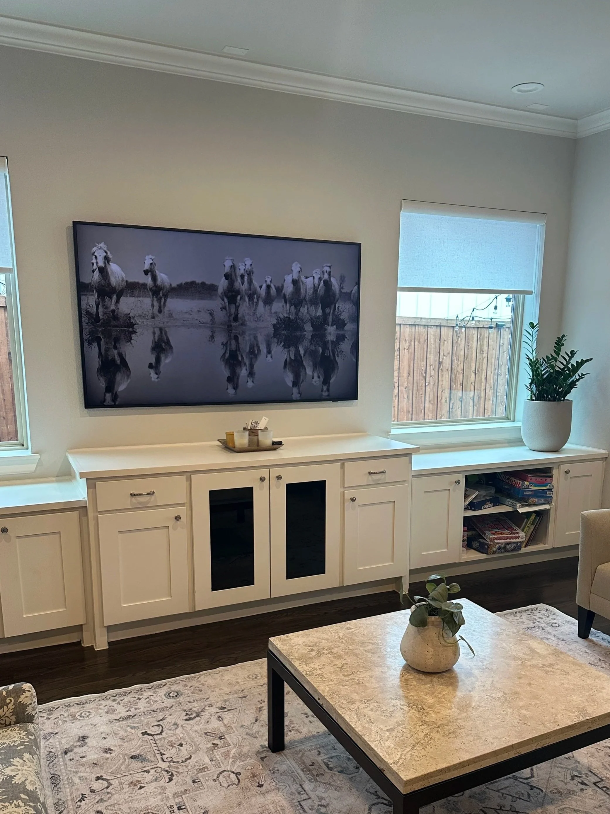 Residential plant design in Fort Worth featuring a ZZ plant styled within built-in cabinetry with natural light consideration and architectural integration.