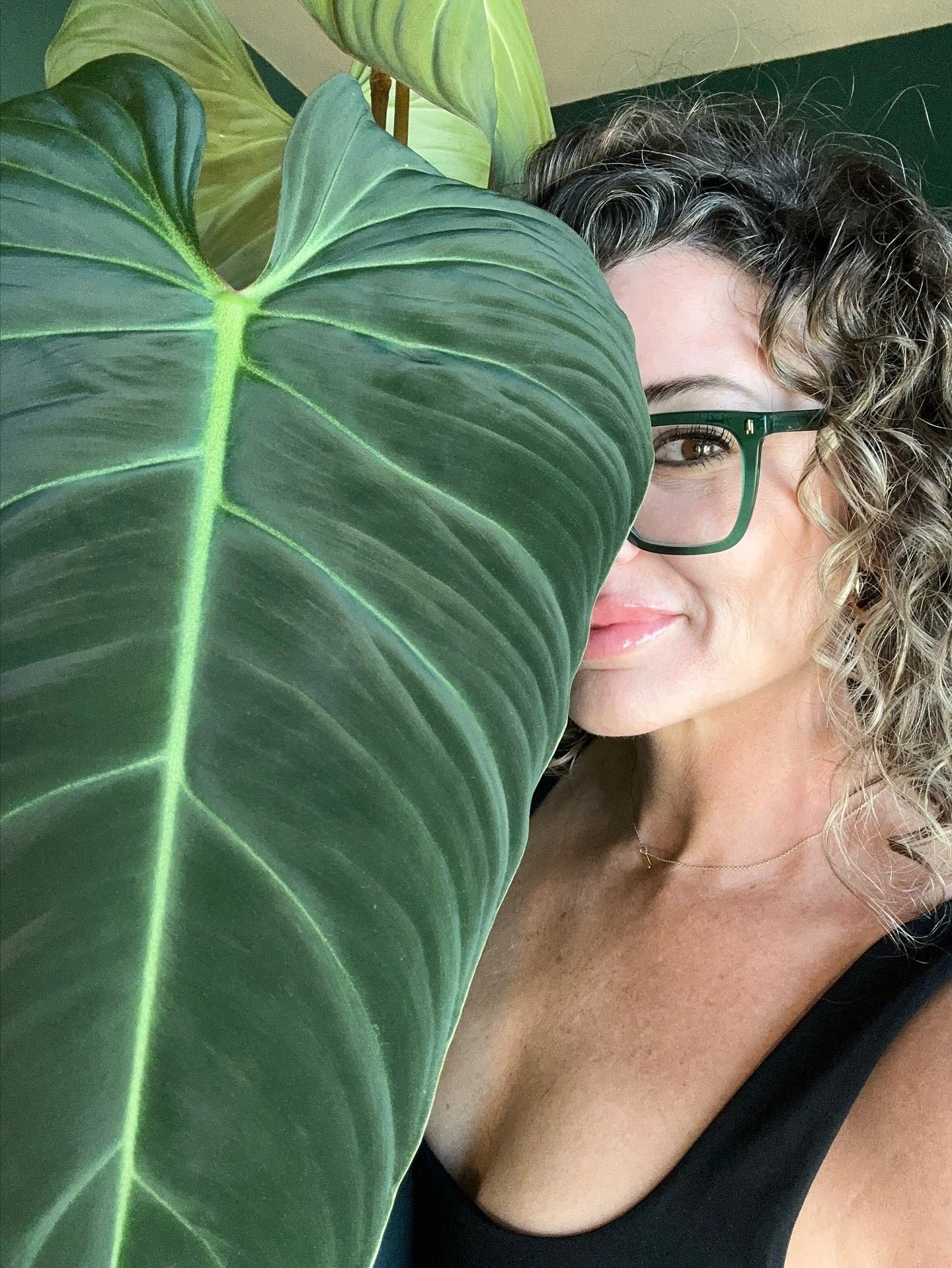 Lauren White of Lauren and Plants smiles behind a large Philodendron leaf in her plant-filled Fort Worth home. A warm, playful moment that reflects her love for indoor plants and simple, mindful plant styling.