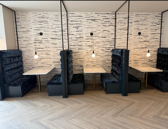 Blue dining booths with channel back