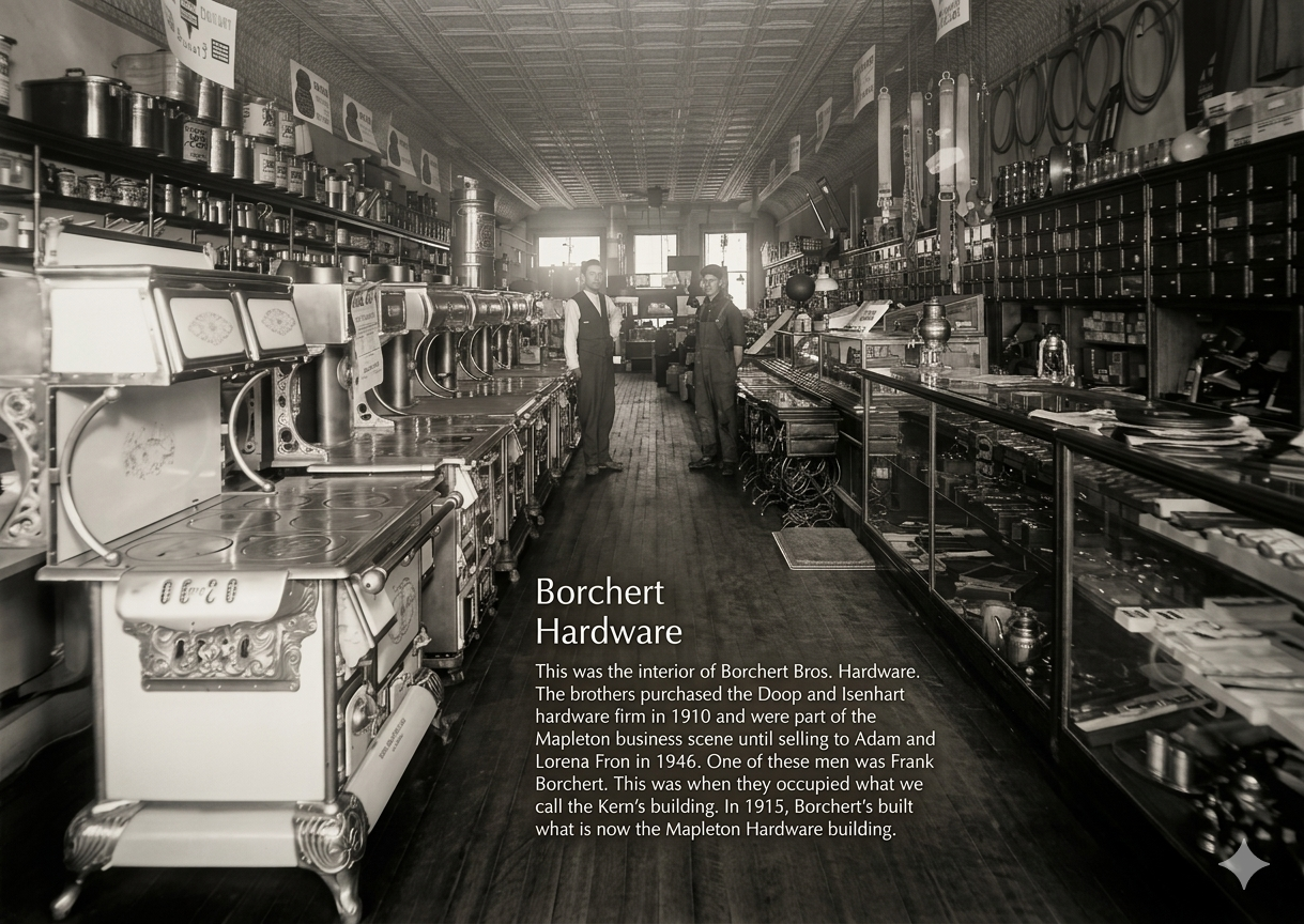 Interior of Borchert Bros. Hardware store with two men standing in the aisle, vintage hardware and appliances on shelves, and signs hanging from the ceiling.
