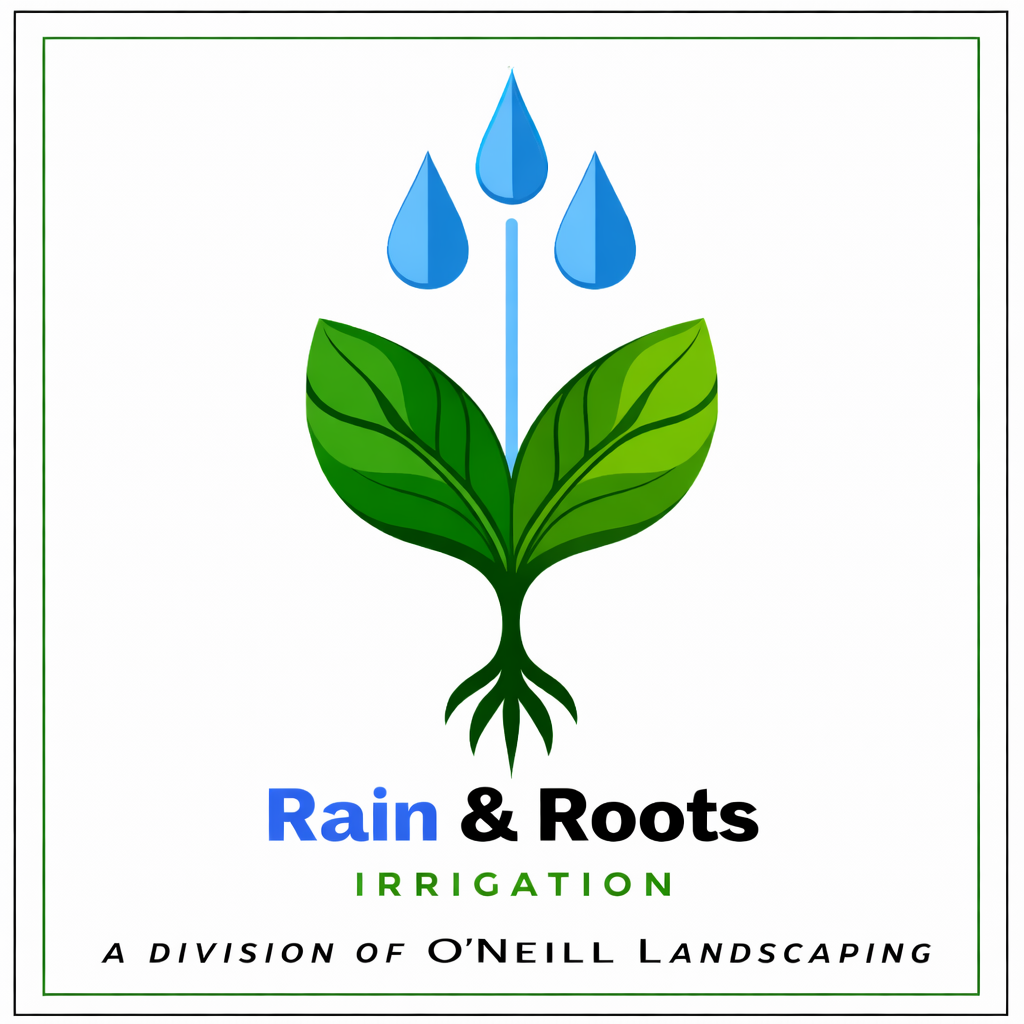 Logo for Rain & Roots Irrigation featuring a stylized plant with green leaves and black roots, topped by three blue raindrops.