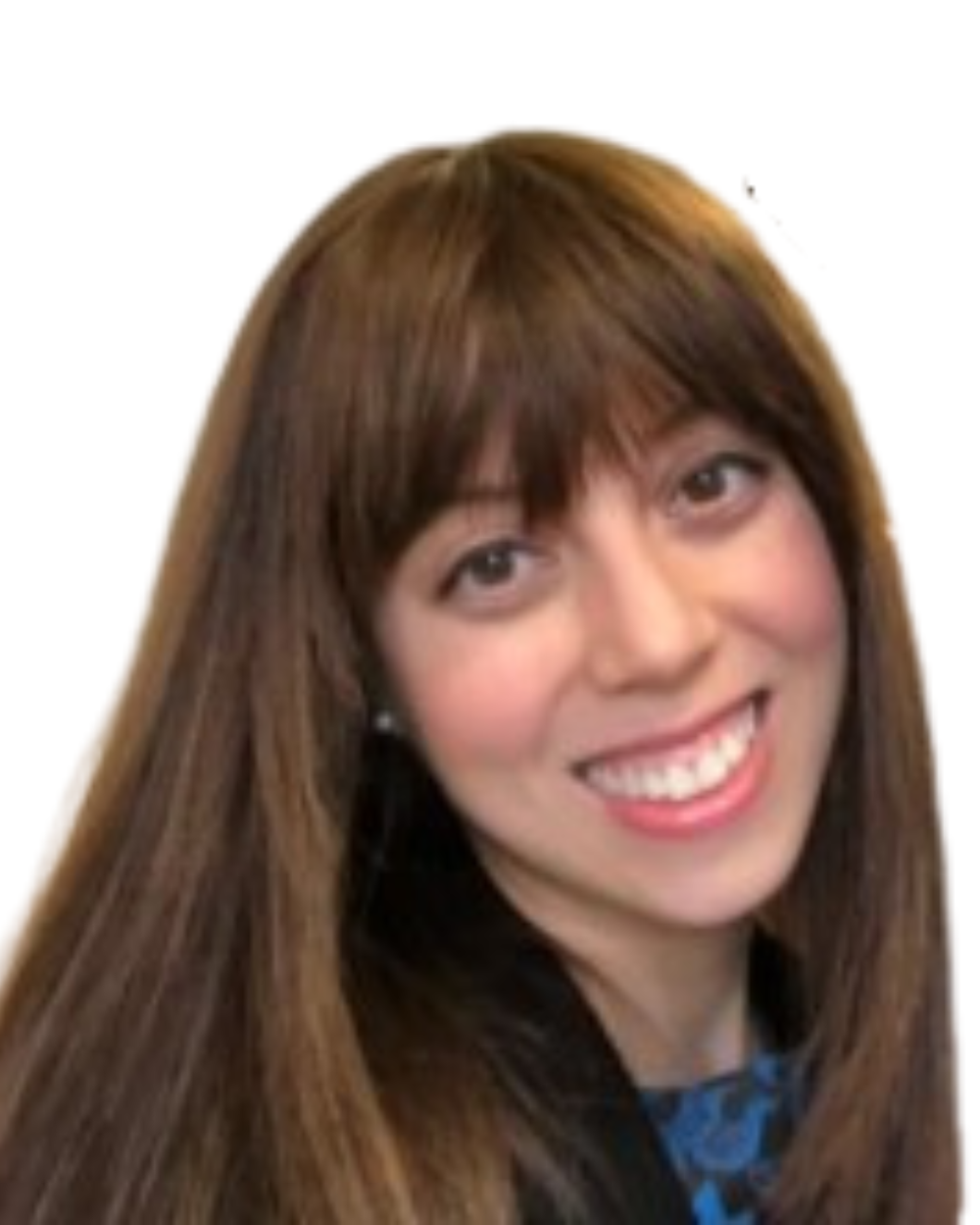 A woman with long brown hair and bangs smiling with visible teeth